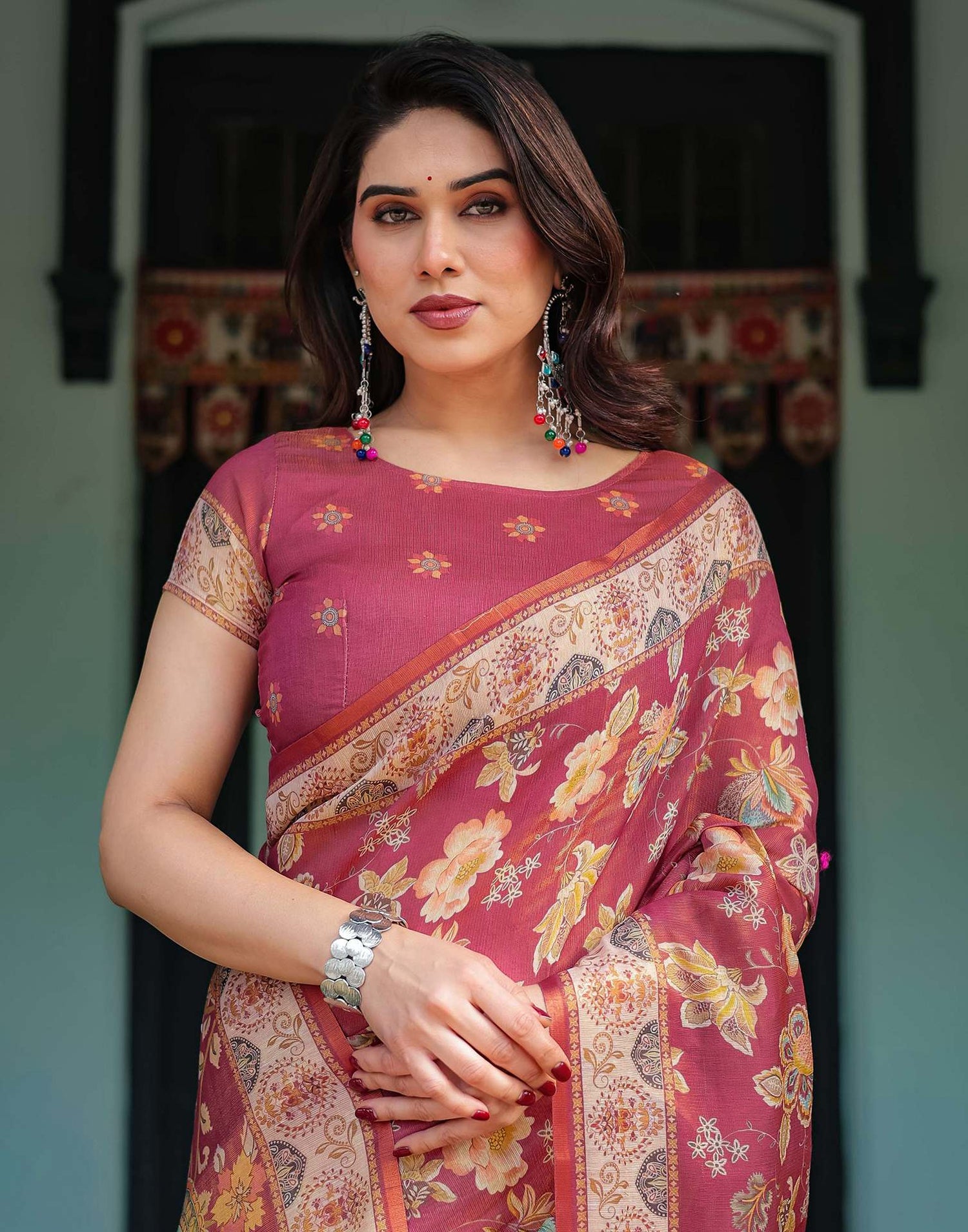 Rani Pink Linen Floral Printed Saree