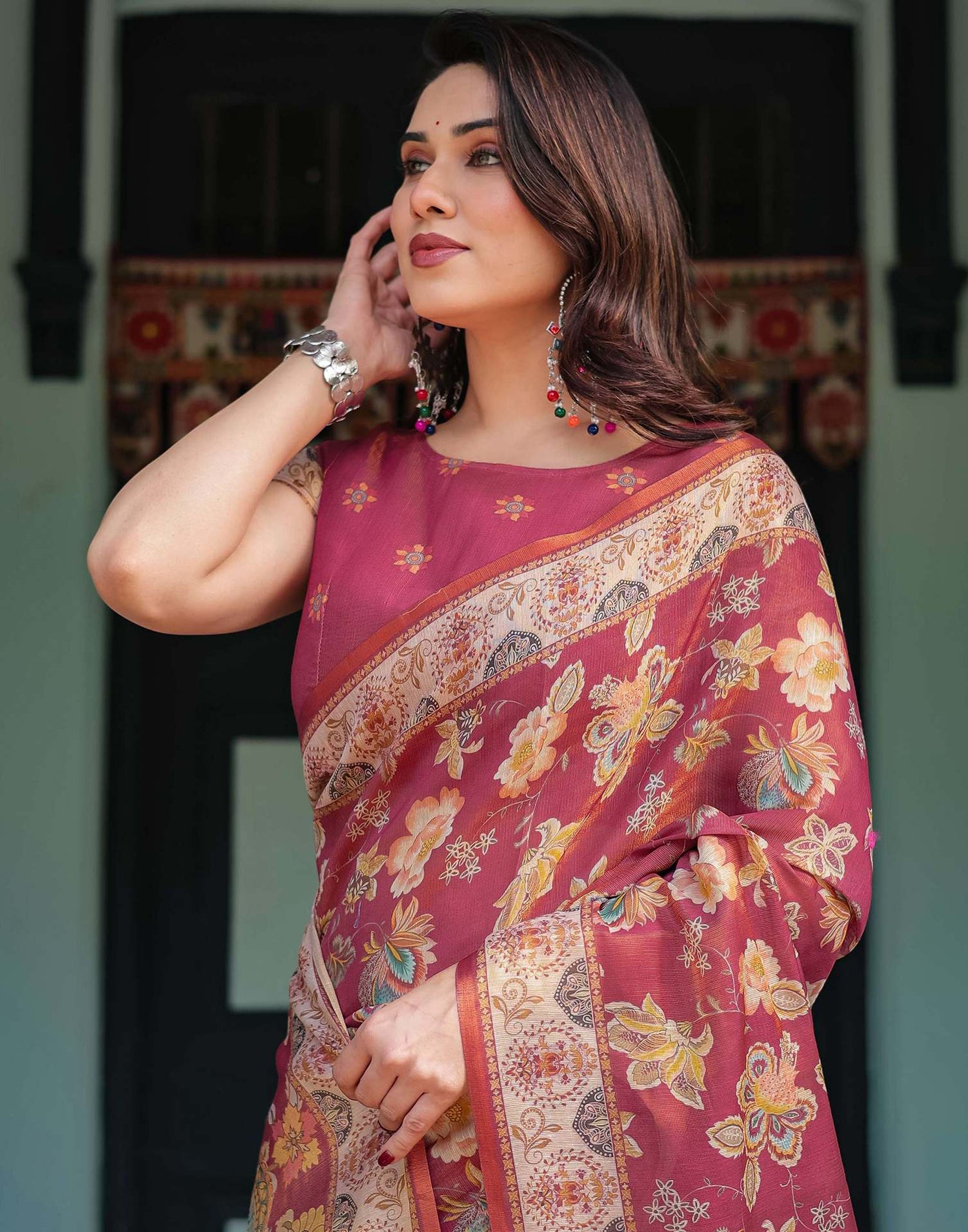 Rani Pink Linen Floral Printed Saree
