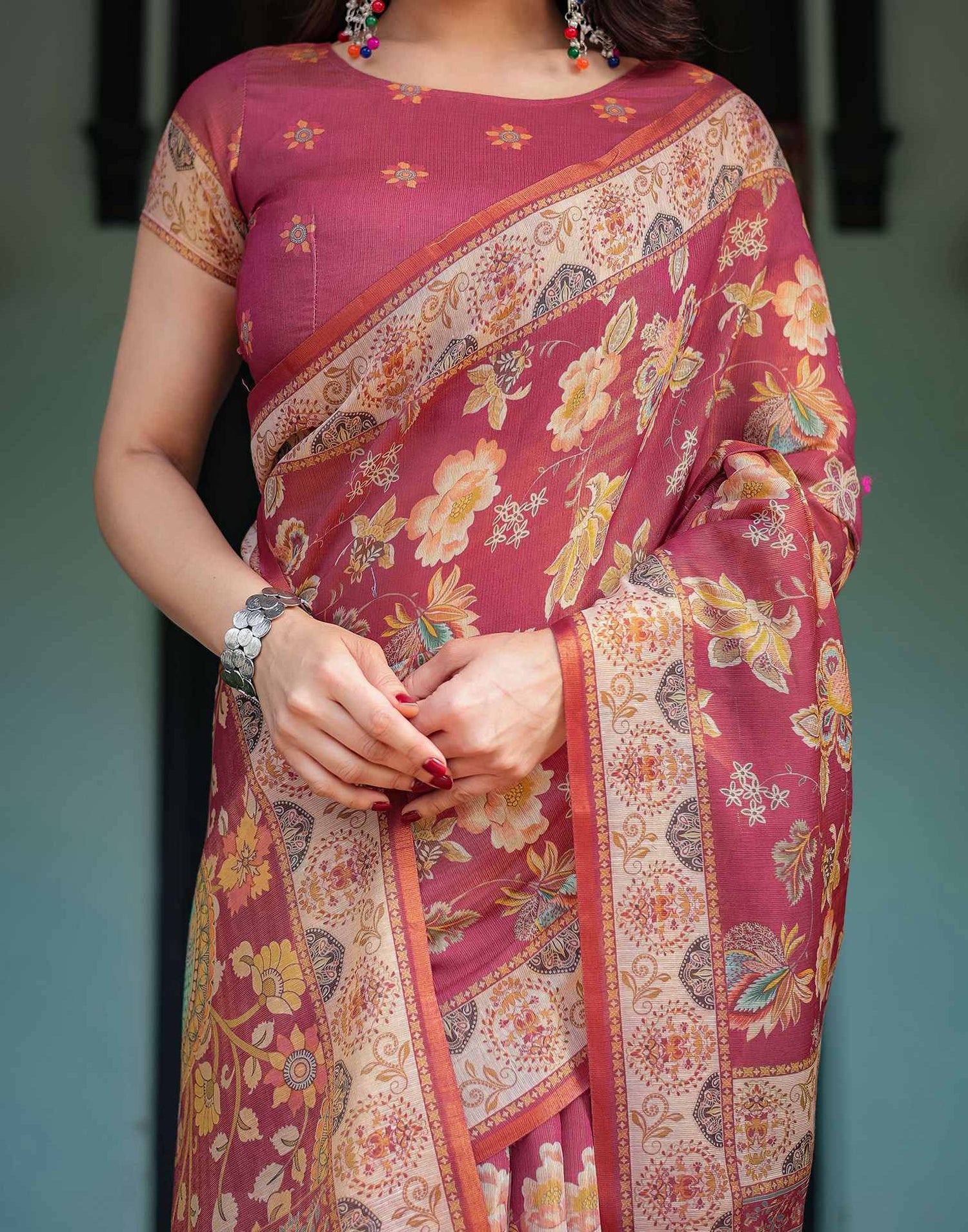 Rani Pink Linen Floral Printed Saree