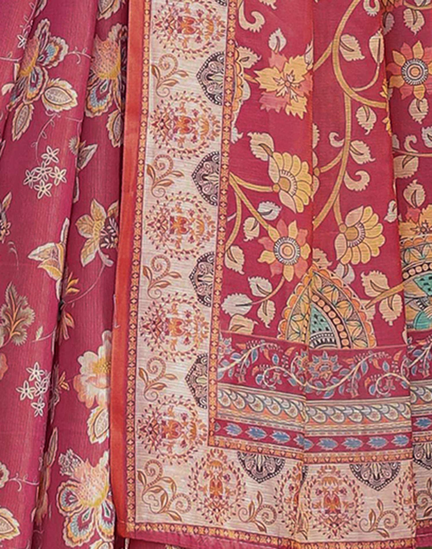 Rani Pink Linen Floral Printed Saree