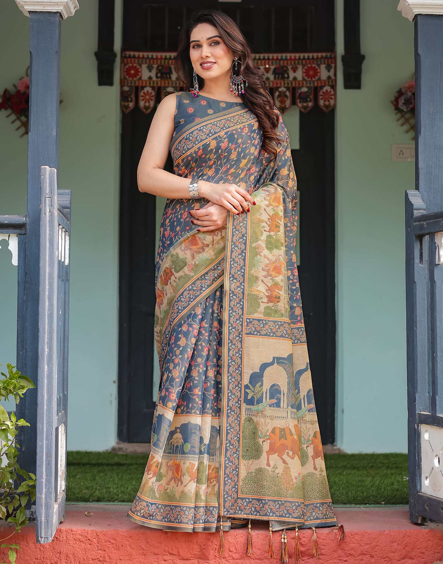 Dark Dusty Blue Linen Floral Printed Printed Saree