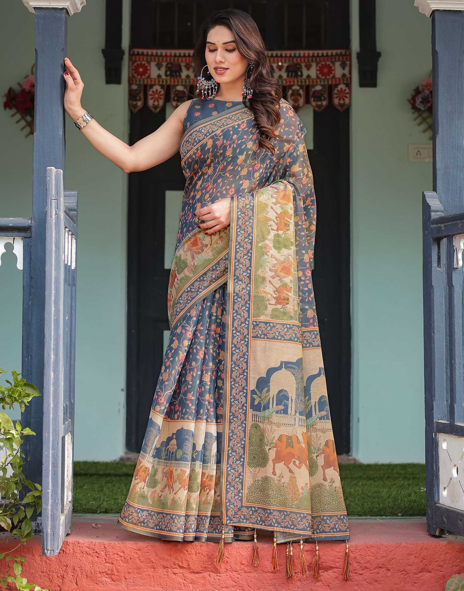Dark Dusty Blue Linen Floral Printed Printed Saree
