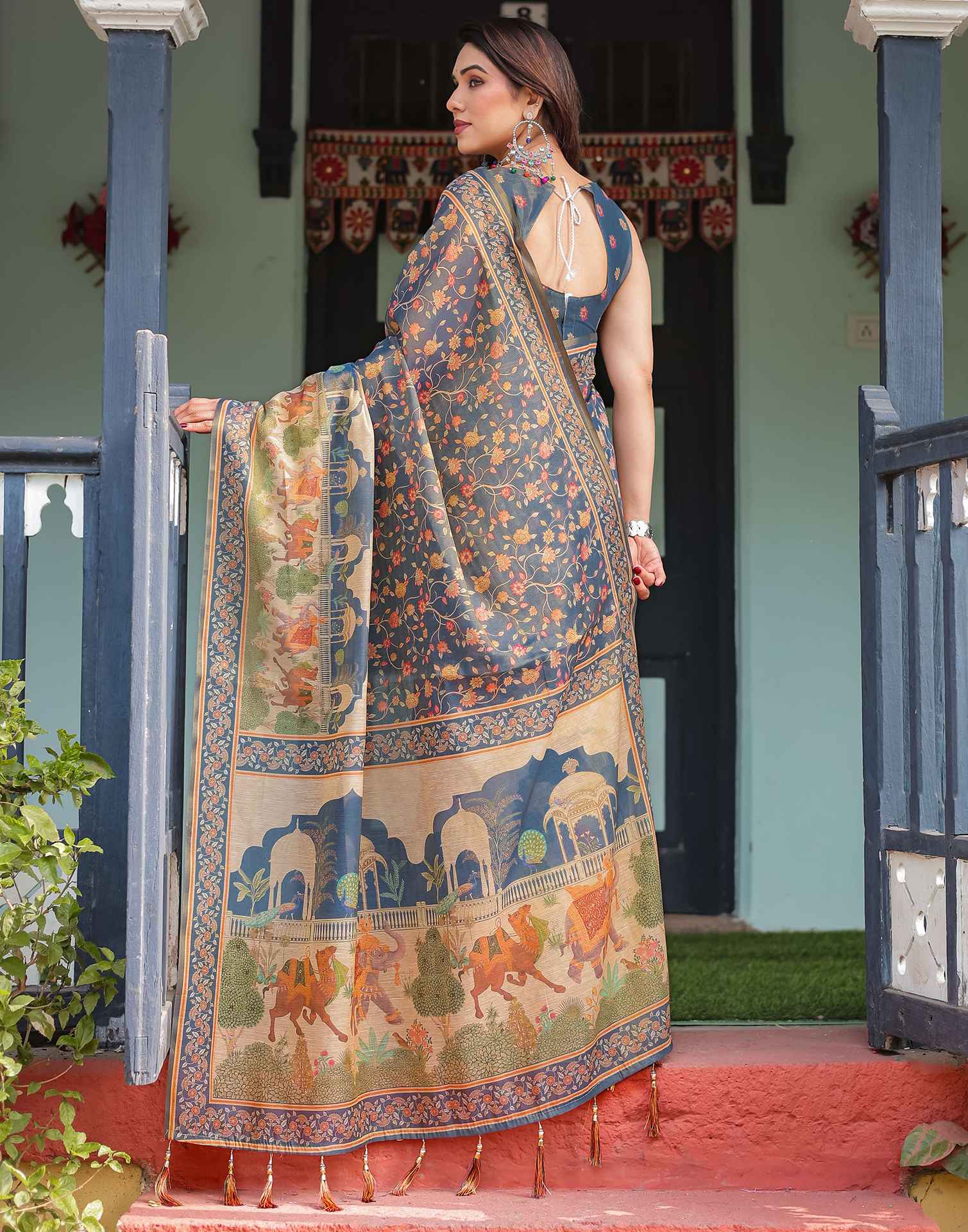 Dark Dusty Blue Linen Floral Printed Printed Saree