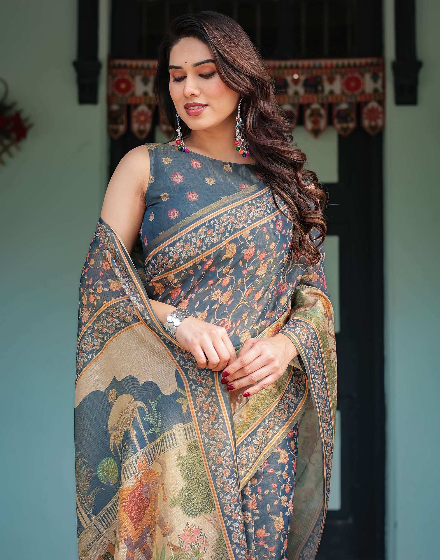 Dark Dusty Blue Linen Floral Printed Printed Saree