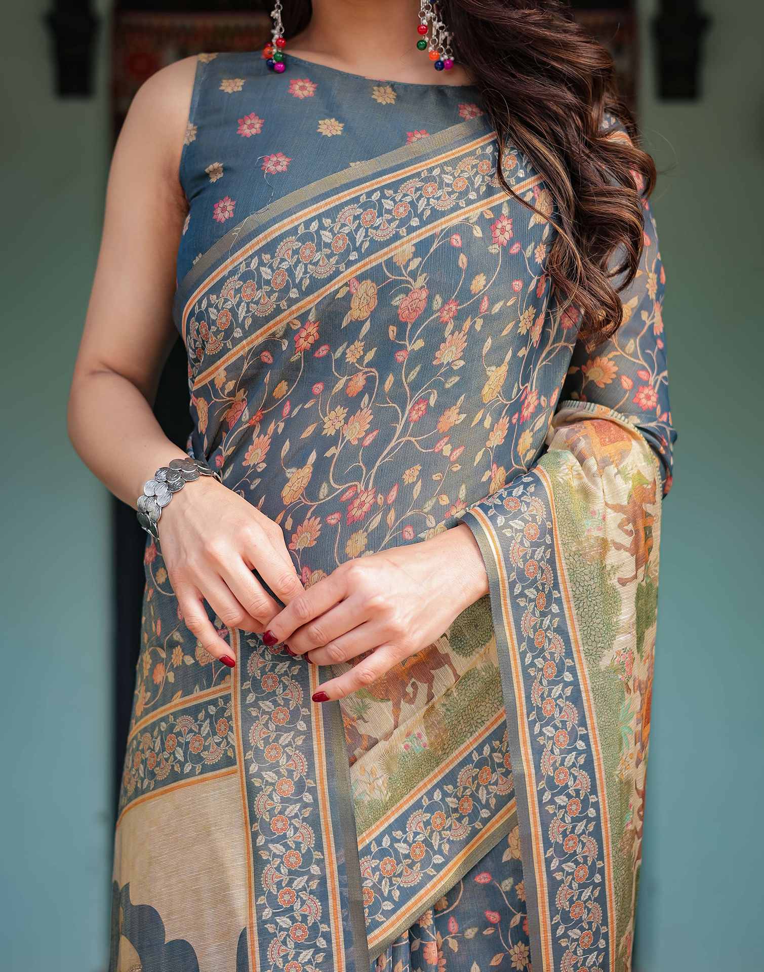 Dark Dusty Blue Linen Floral Printed Printed Saree