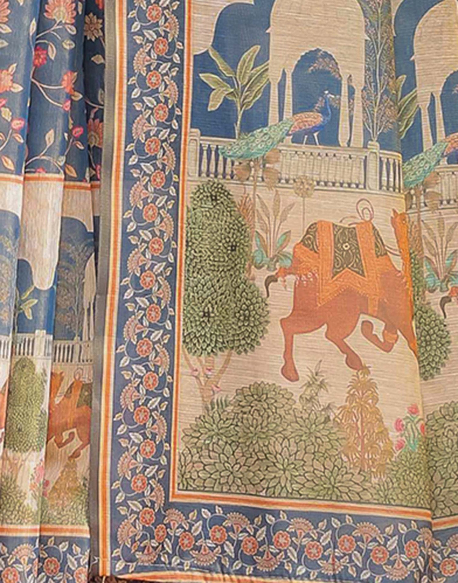 Dark Dusty Blue Linen Floral Printed Saree