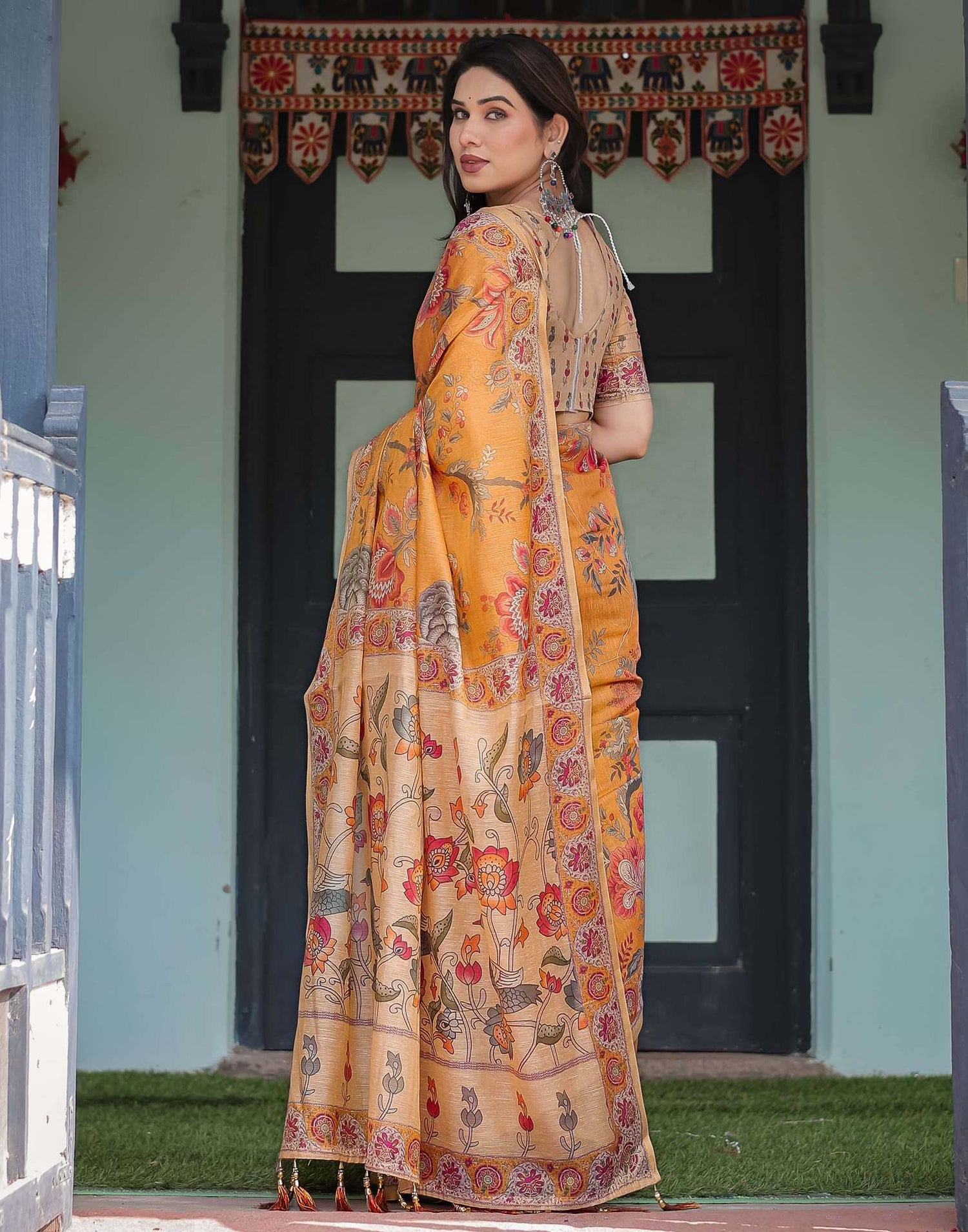 Dusty Orange Linen Floral Printed Saree
