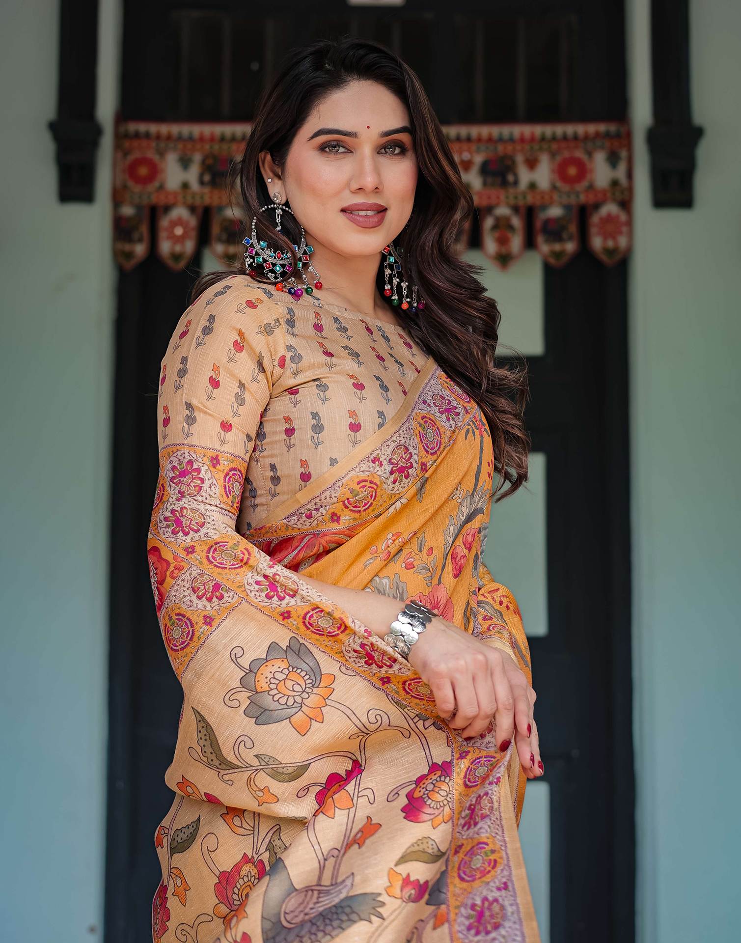 Dusty Orange Linen Floral Printed Printed Saree