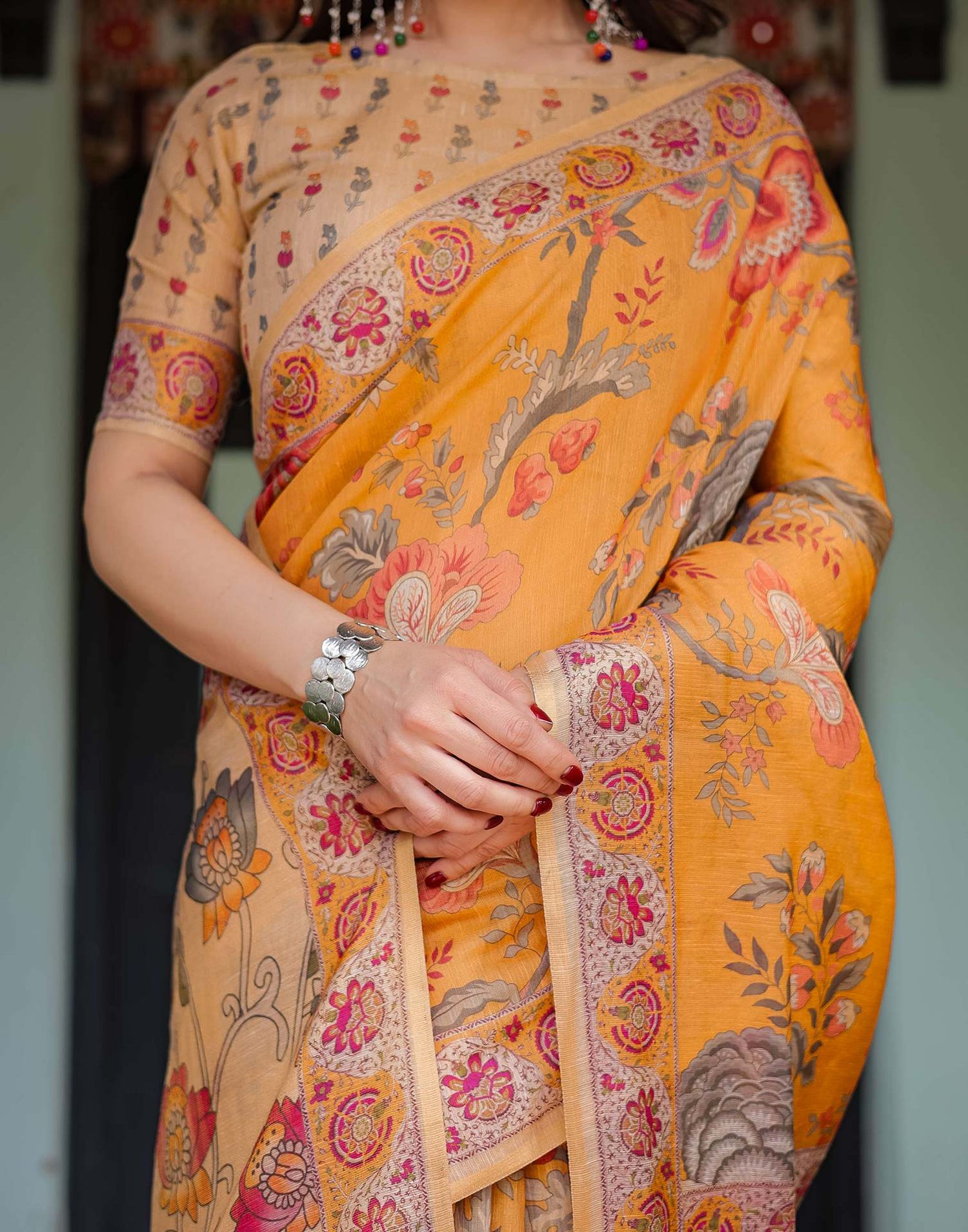 Dusty Orange Linen Floral Printed Saree
