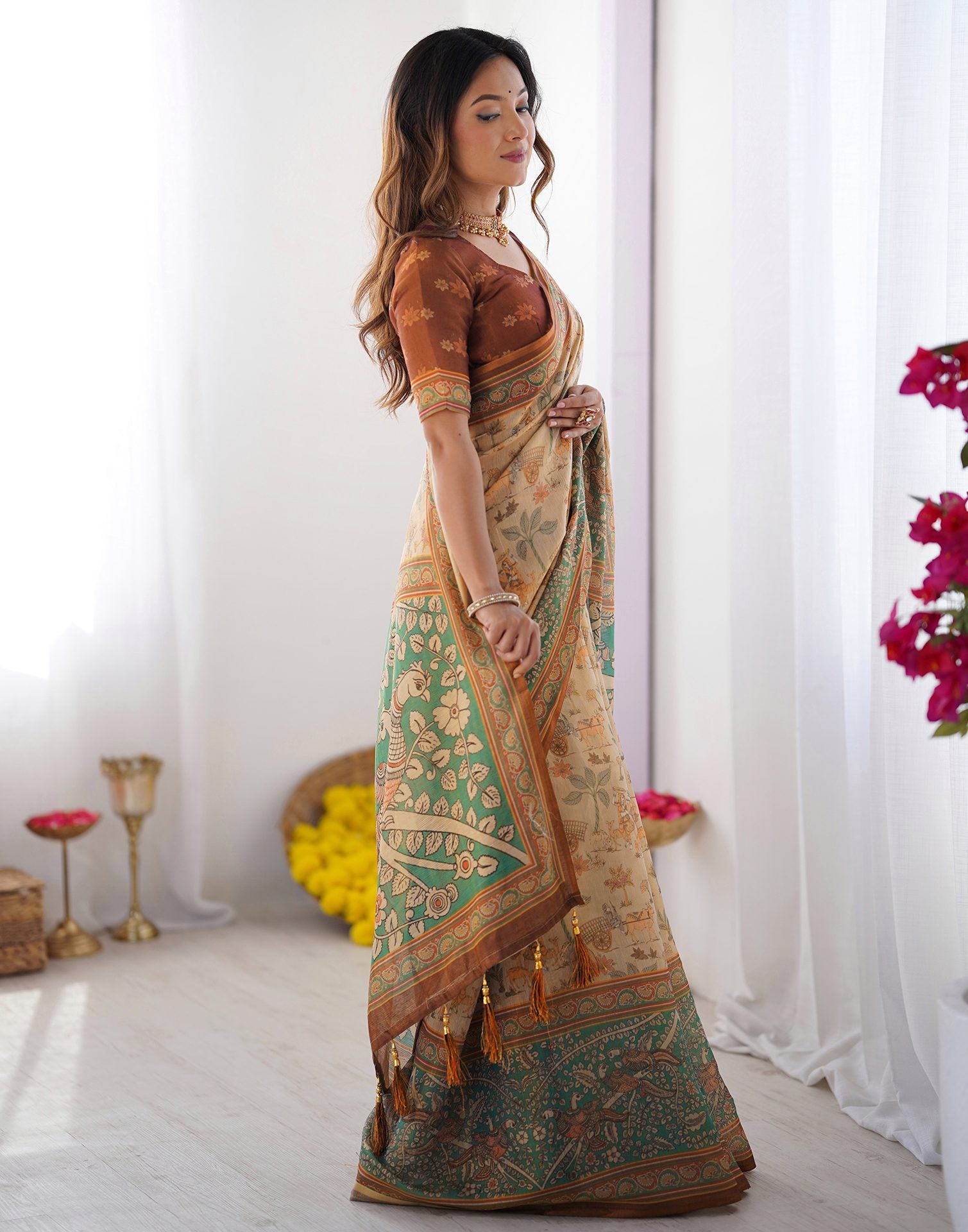 Beige Linen Kalamkari Saree