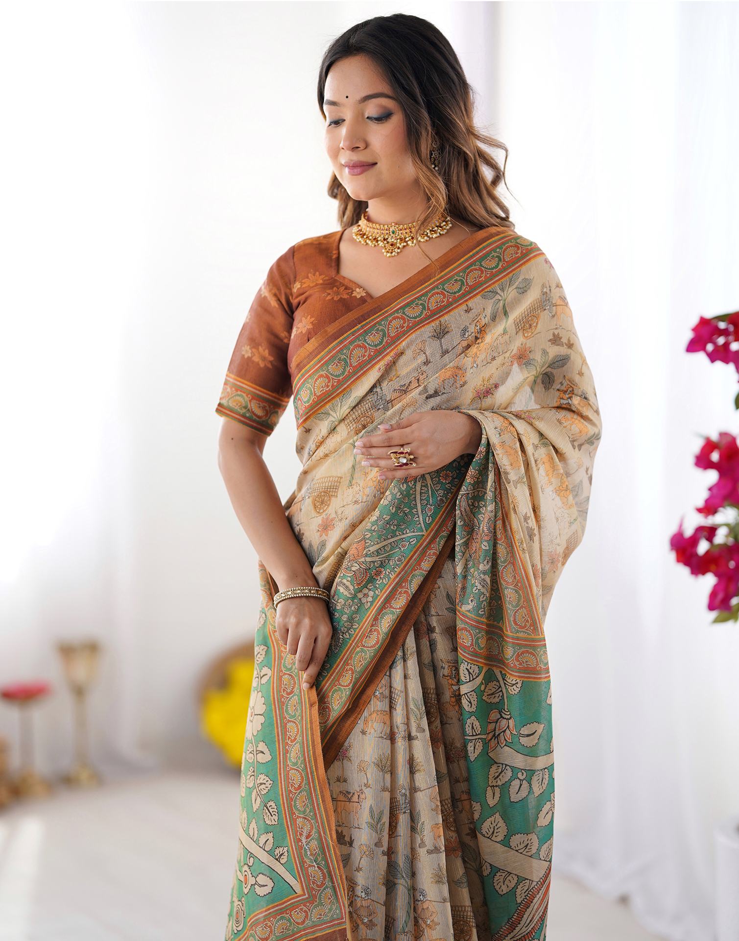 Beige Linen Kalamkari Saree