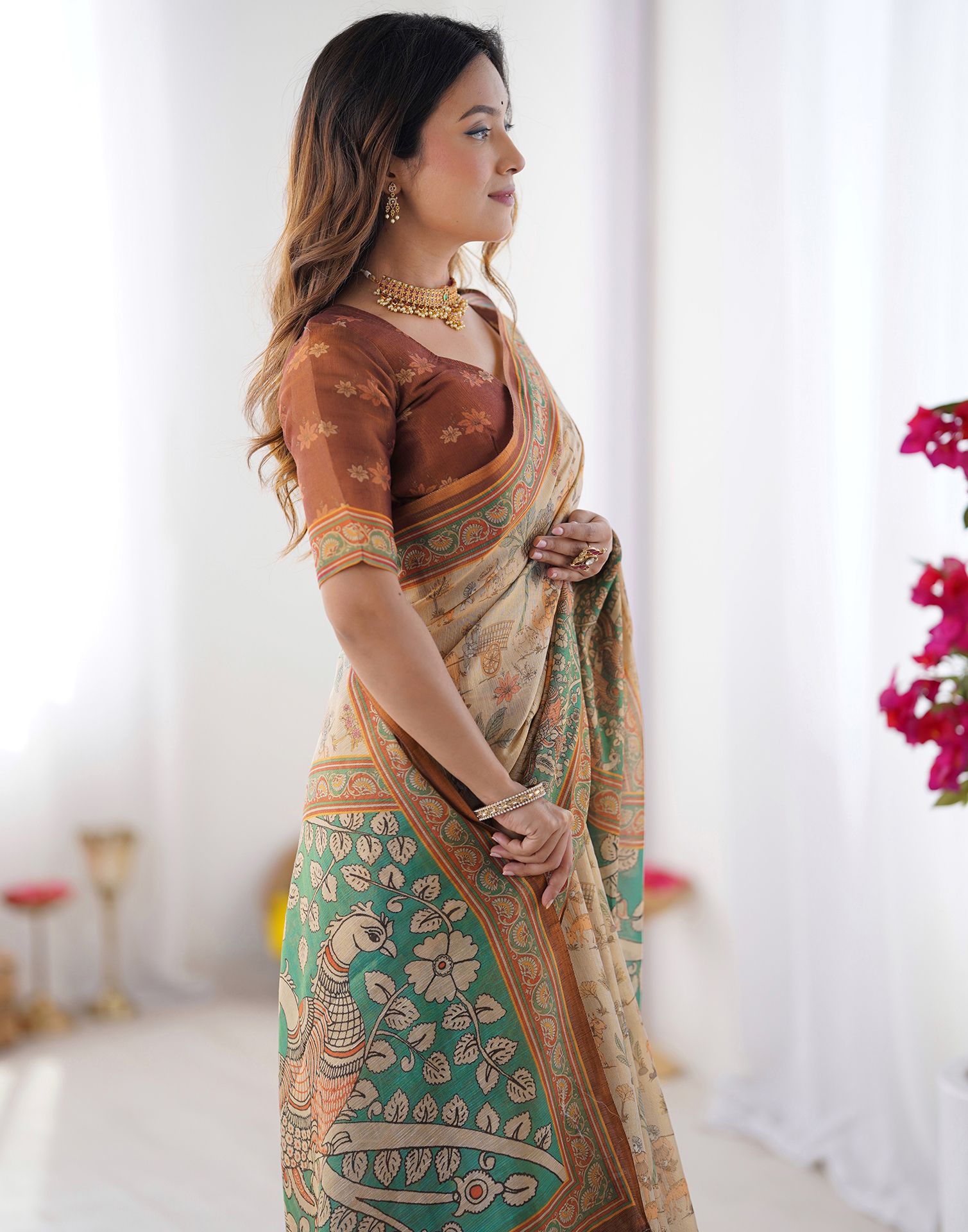Beige Linen Kalamkari Saree
