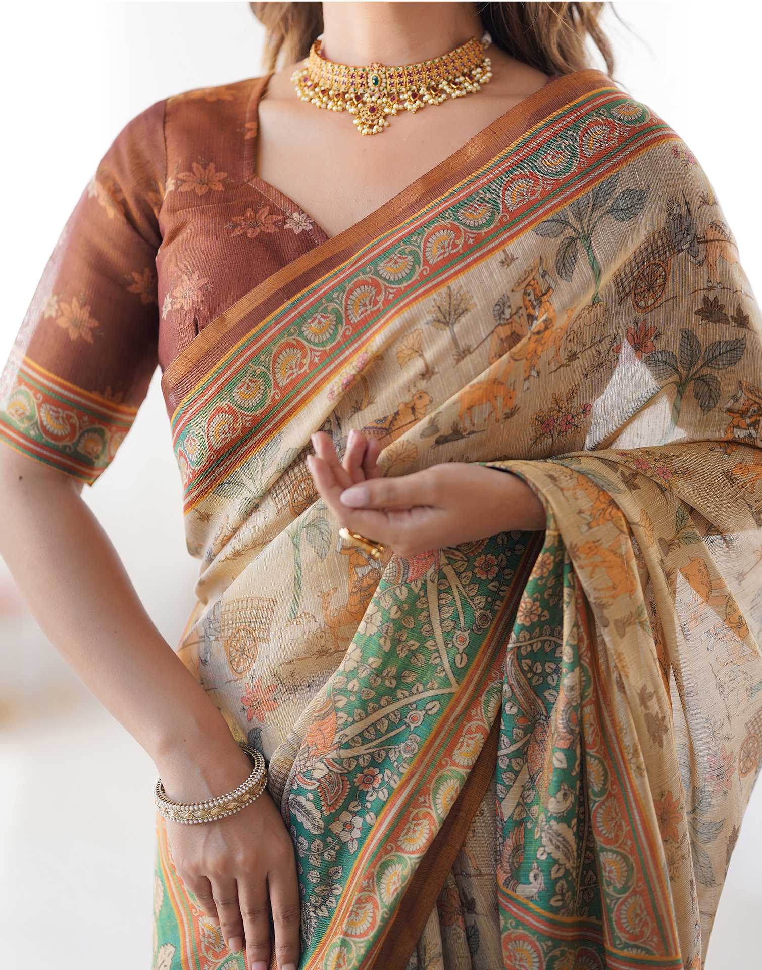Beige Linen Kalamkari Saree