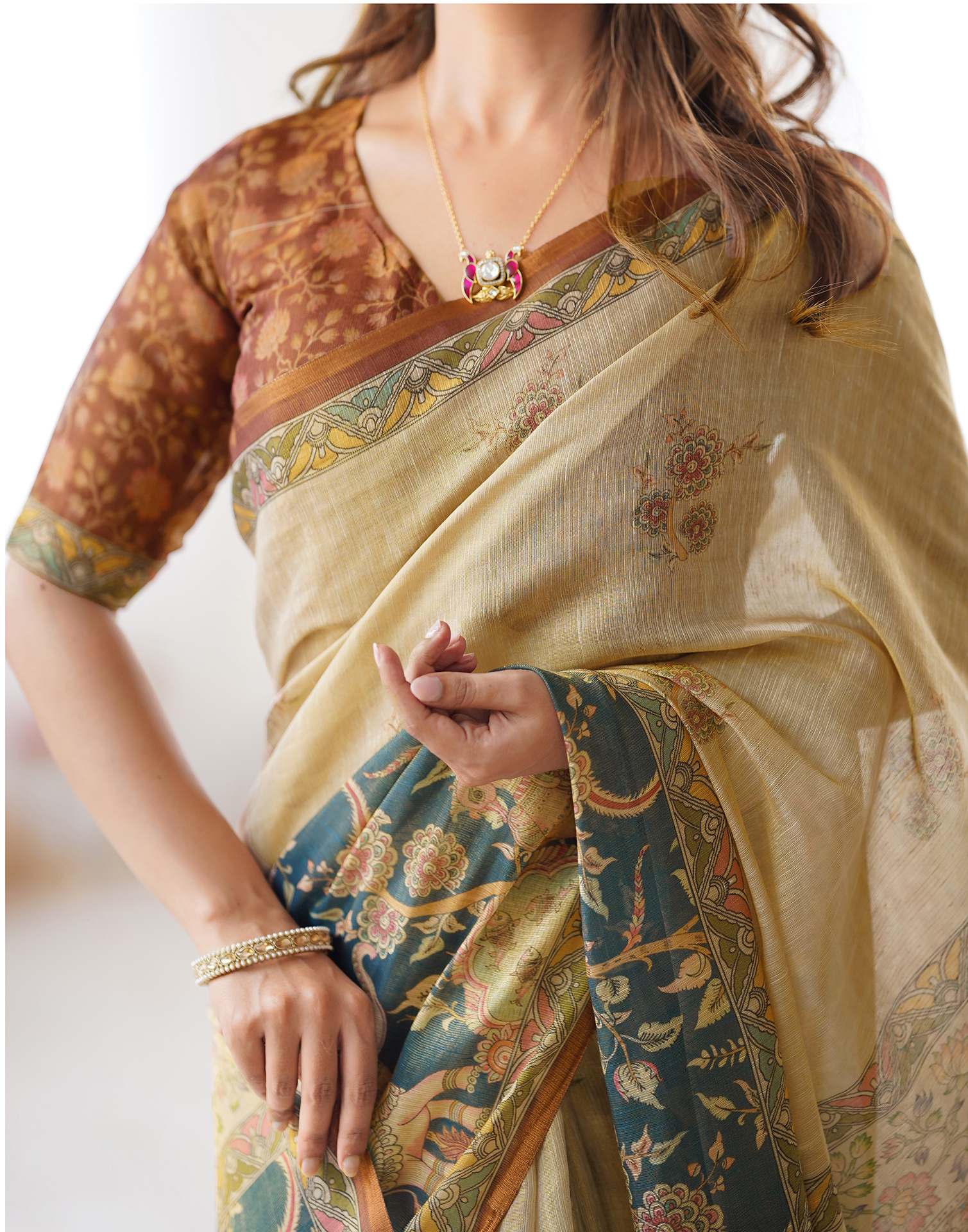 Beige Linen Printed Saree