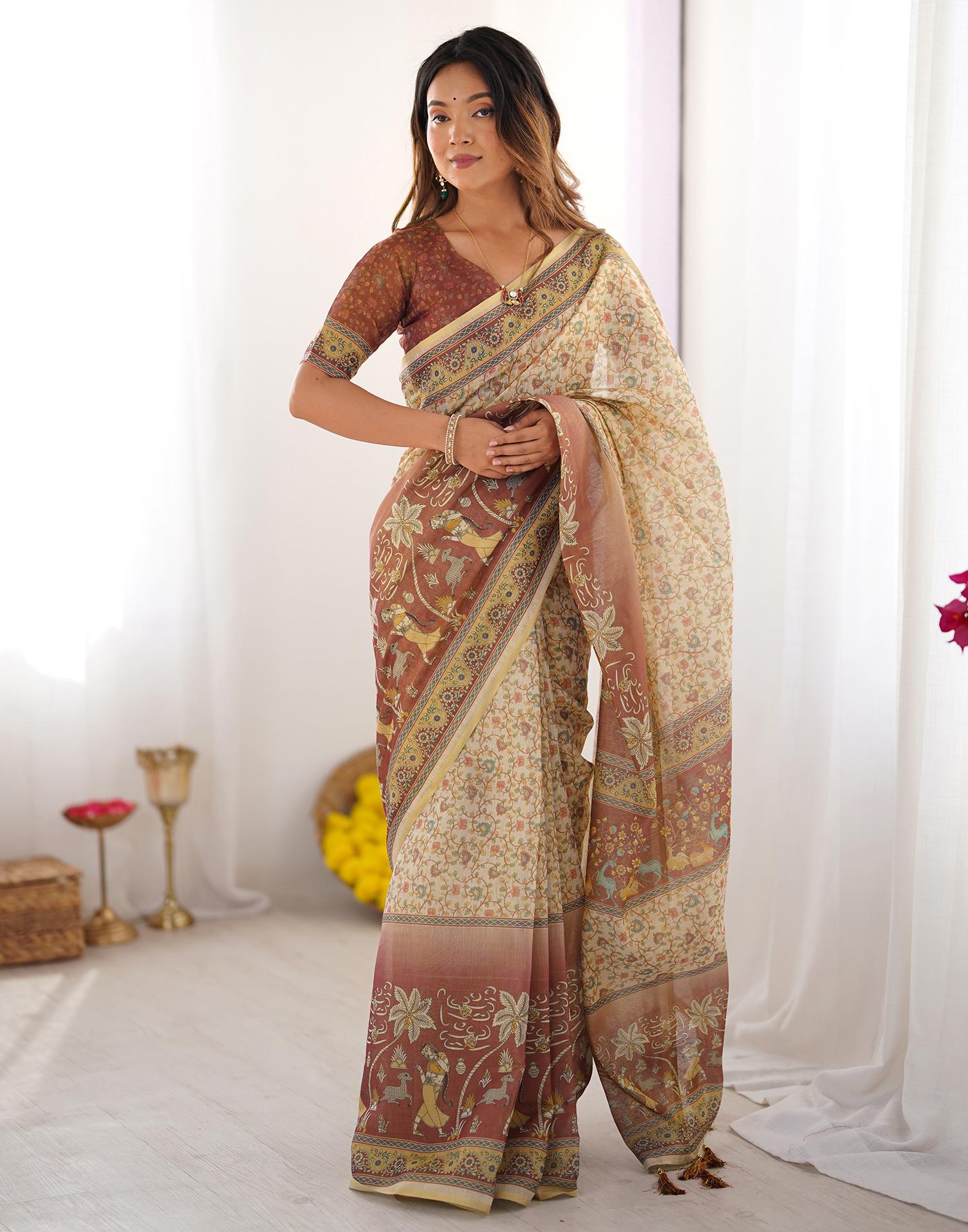 Beige Linen Floral Printed Saree