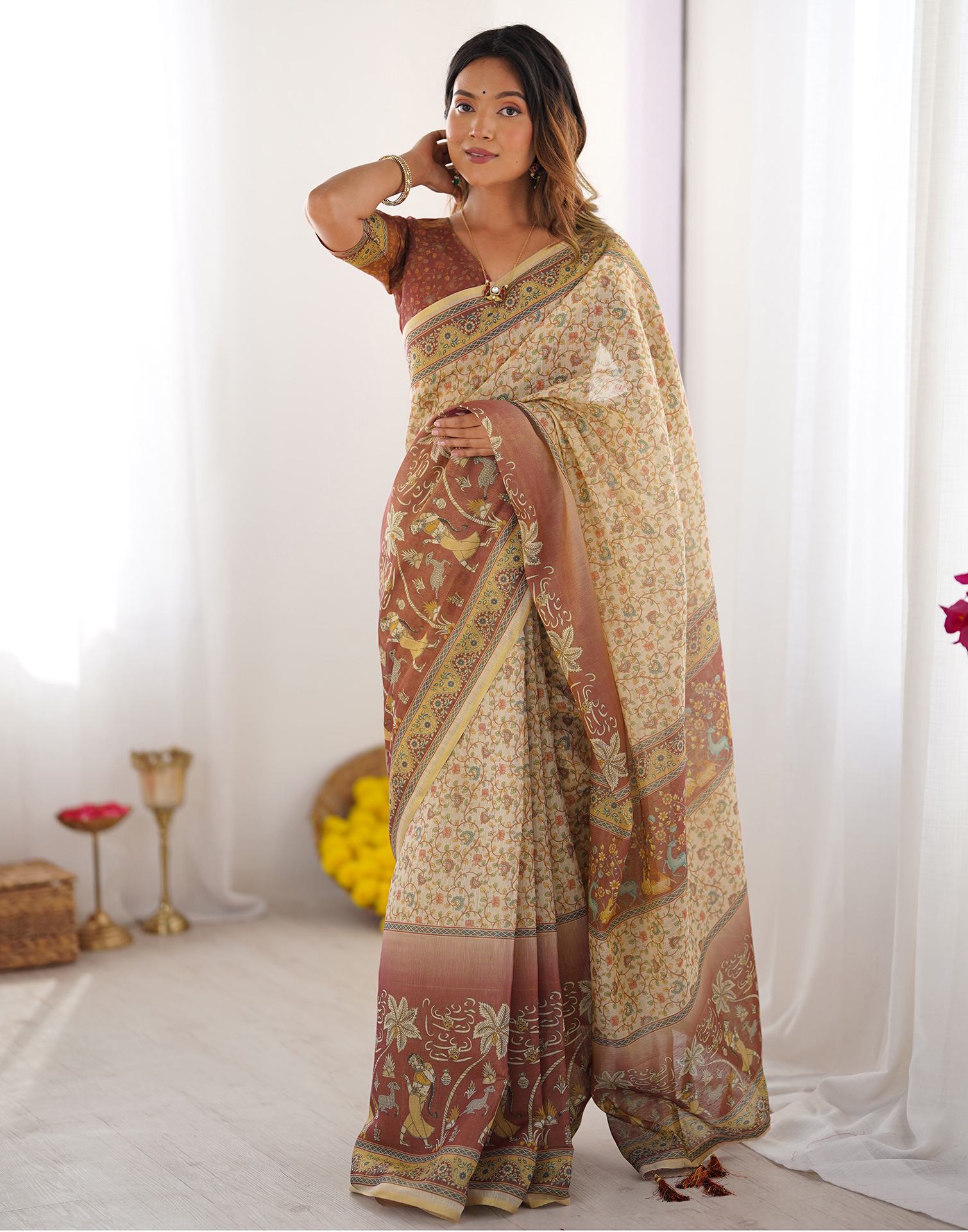 Beige Linen Floral Printed Saree