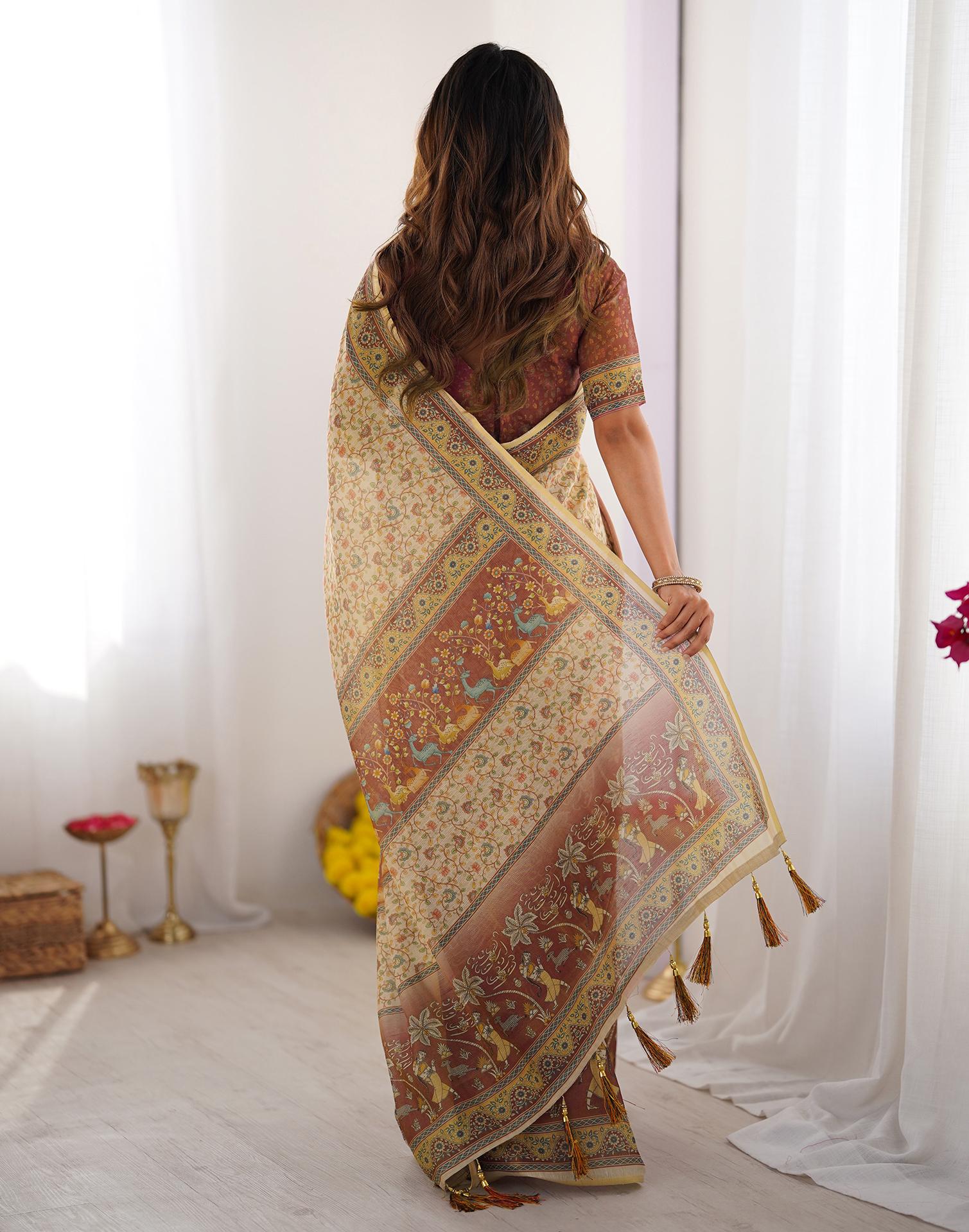 Beige Linen Floral Printed Saree