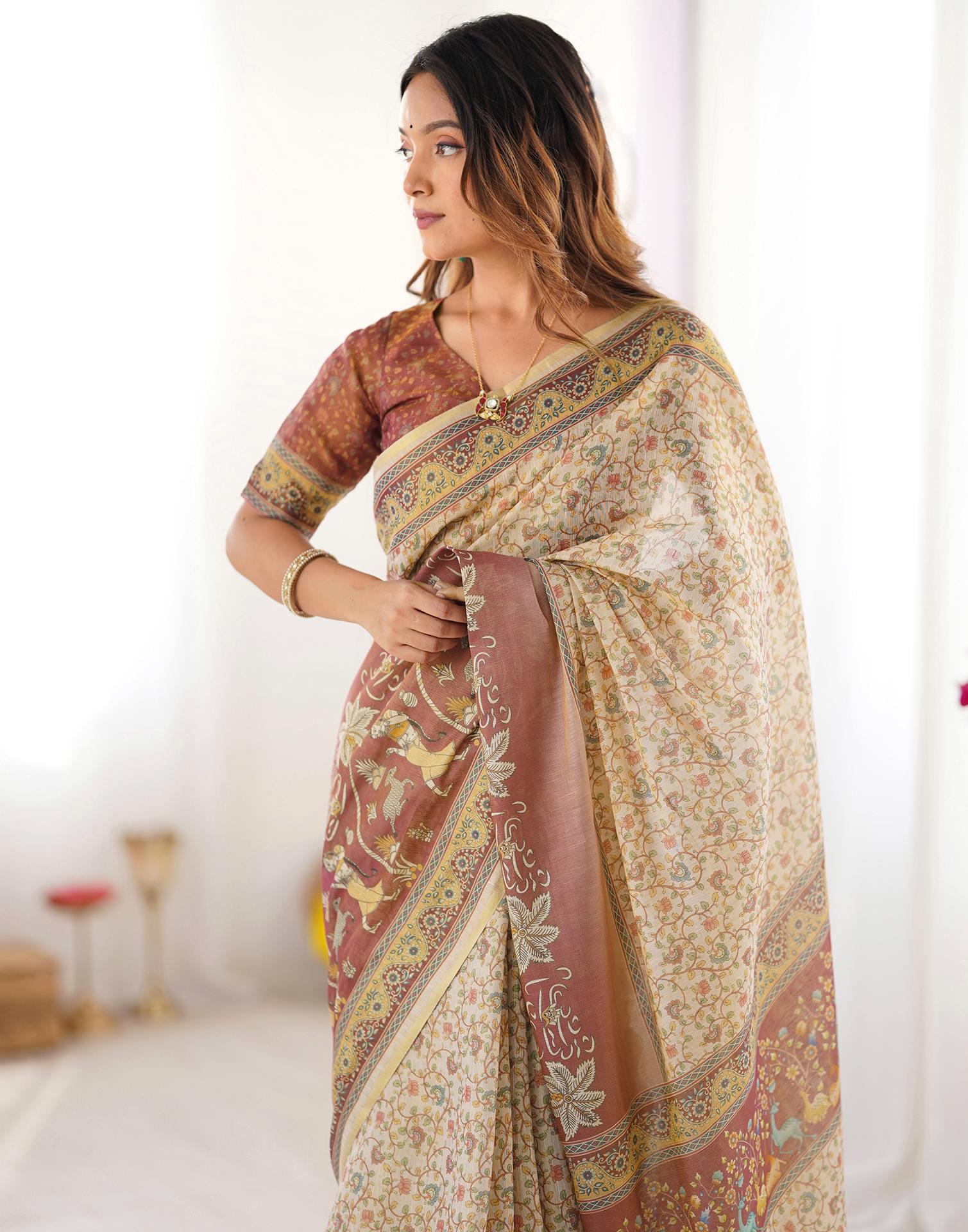 Beige Linen Floral Printed Saree