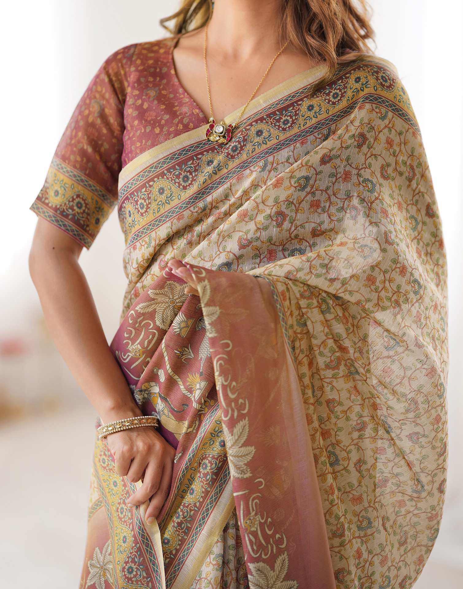 Beige Linen Floral Printed Saree