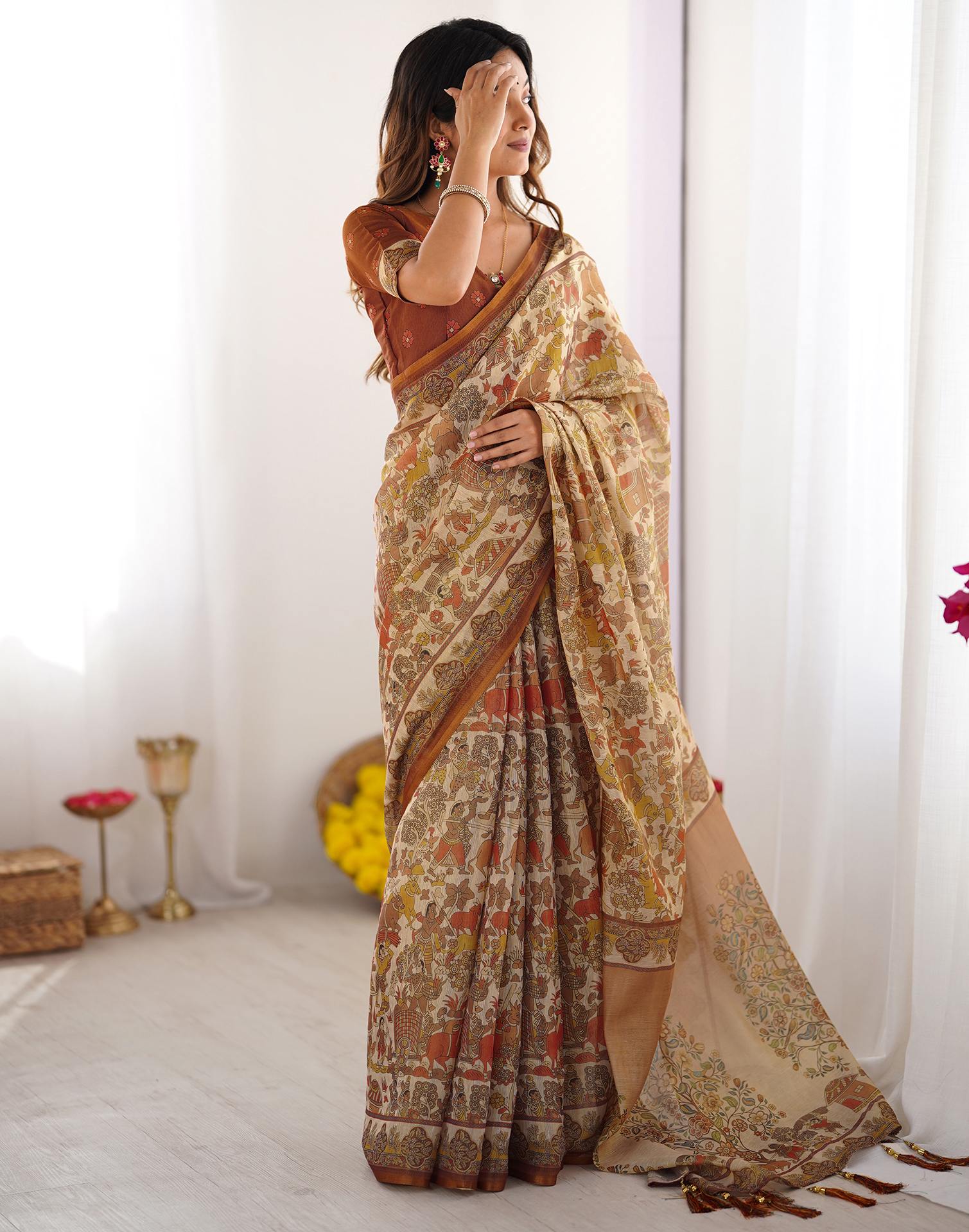 Brown Linen Kalamkari Saree