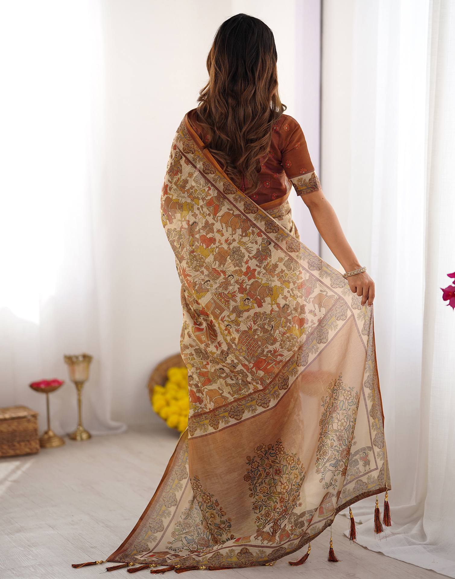 Brown Linen Kalamkari Saree