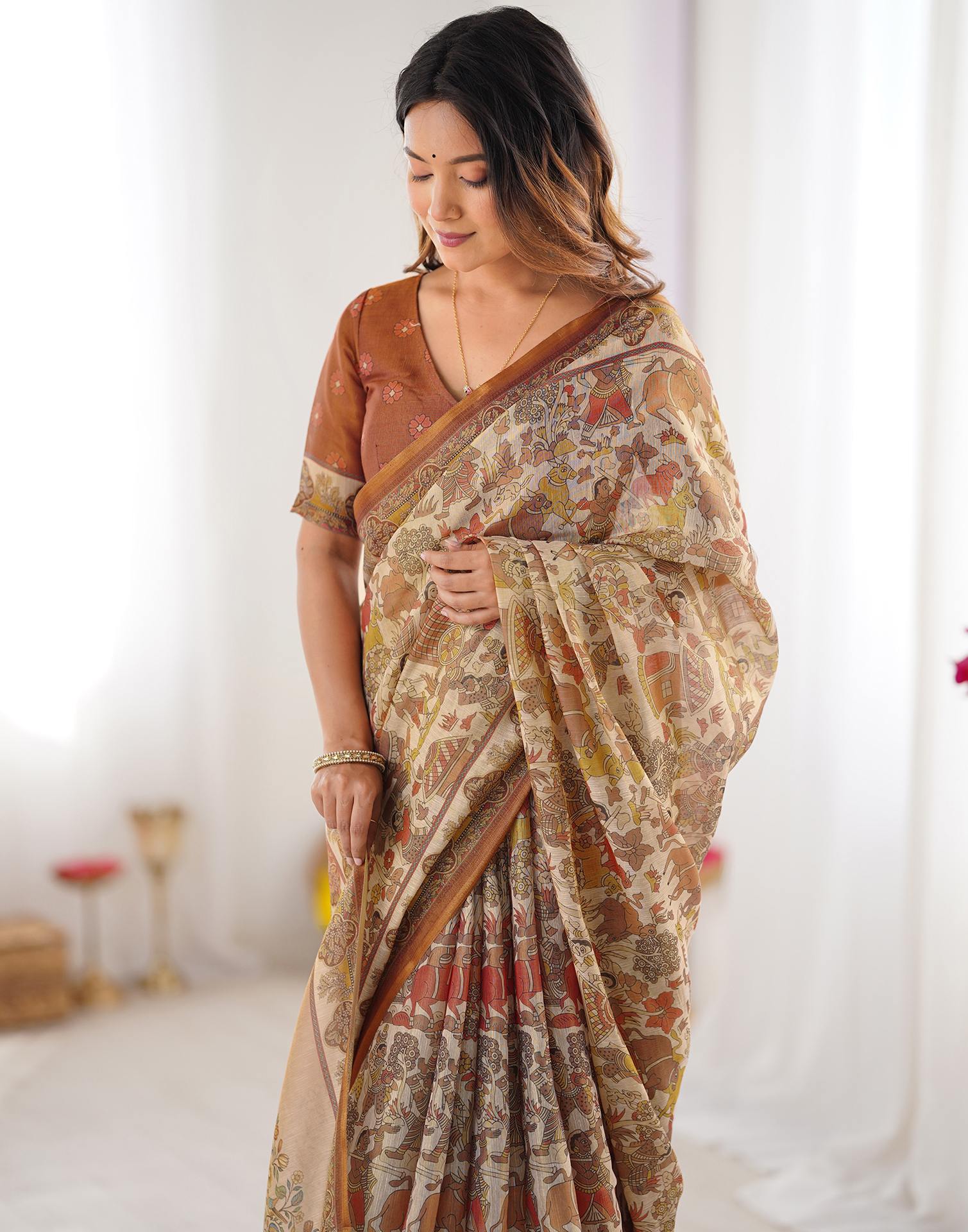 Brown Linen Kalamkari Saree