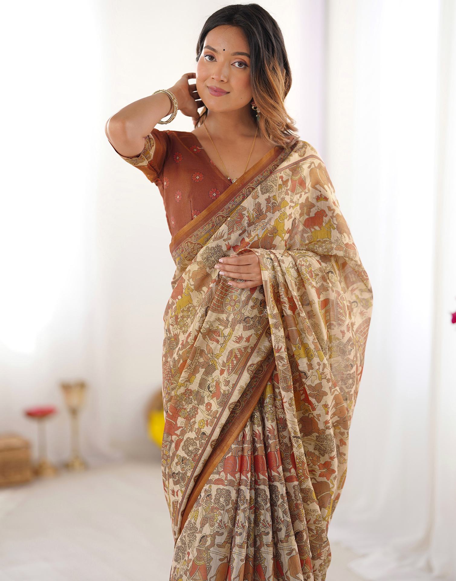Brown Linen Kalamkari Saree