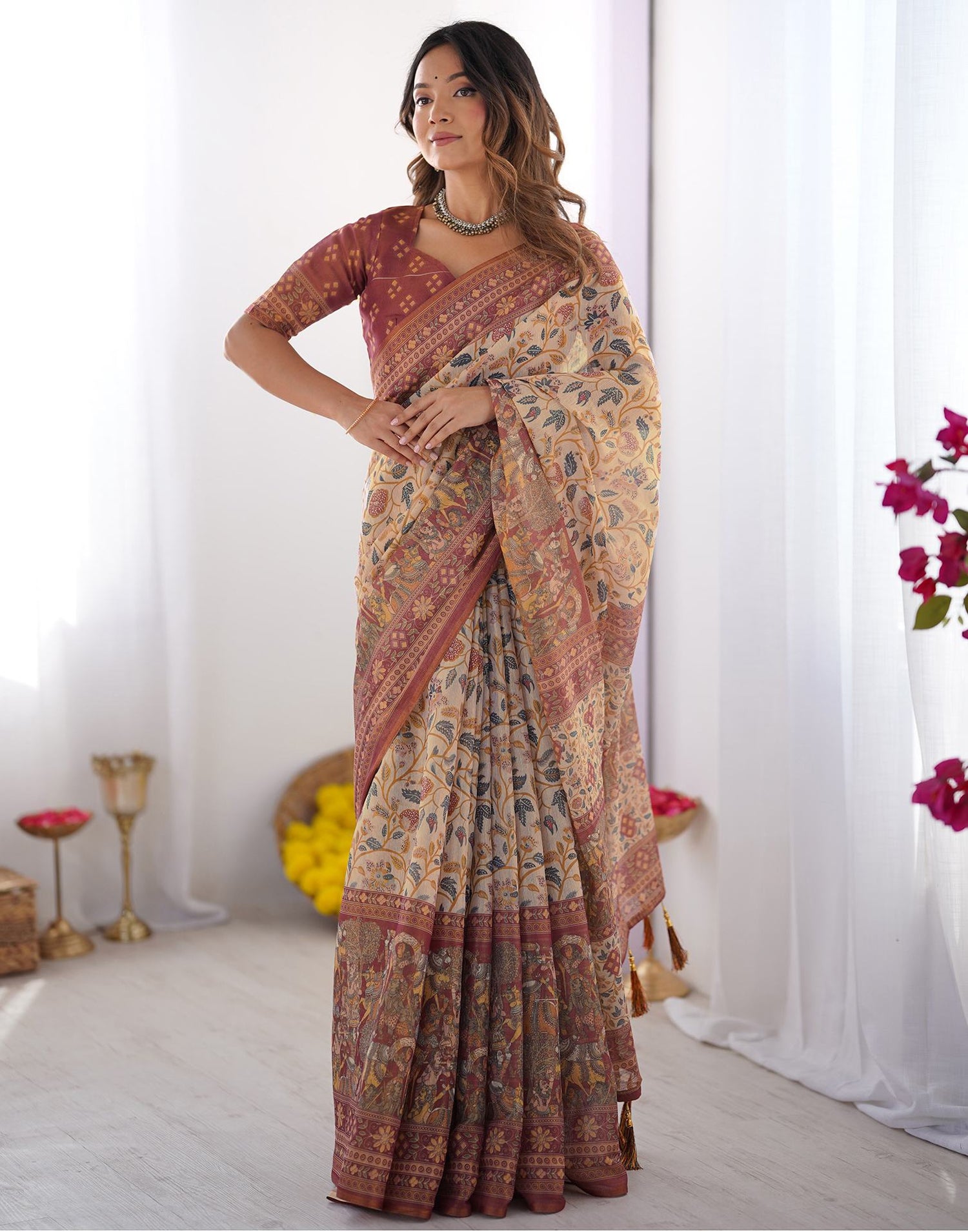 Beige Linen Floral Printed Saree