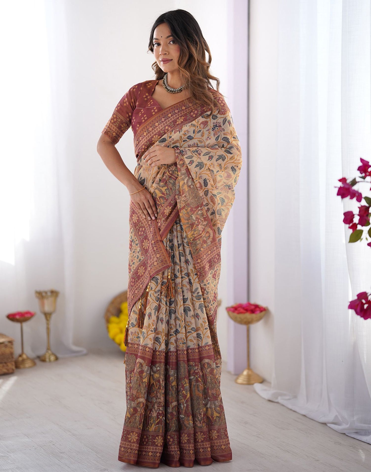 Beige Linen Floral Printed Saree