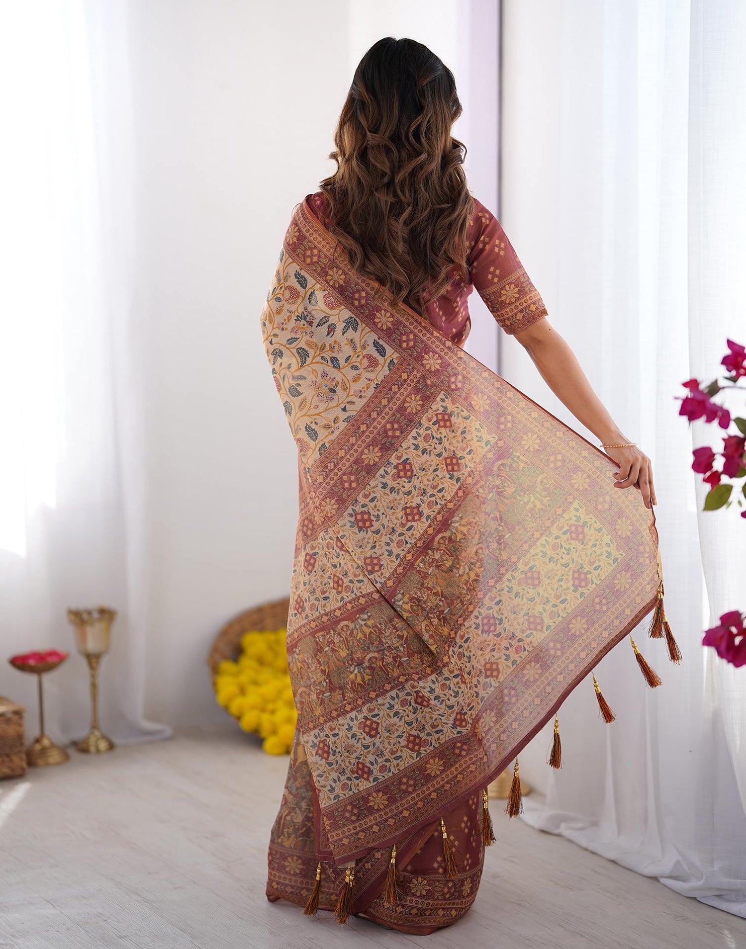 Beige Linen Floral Printed Saree