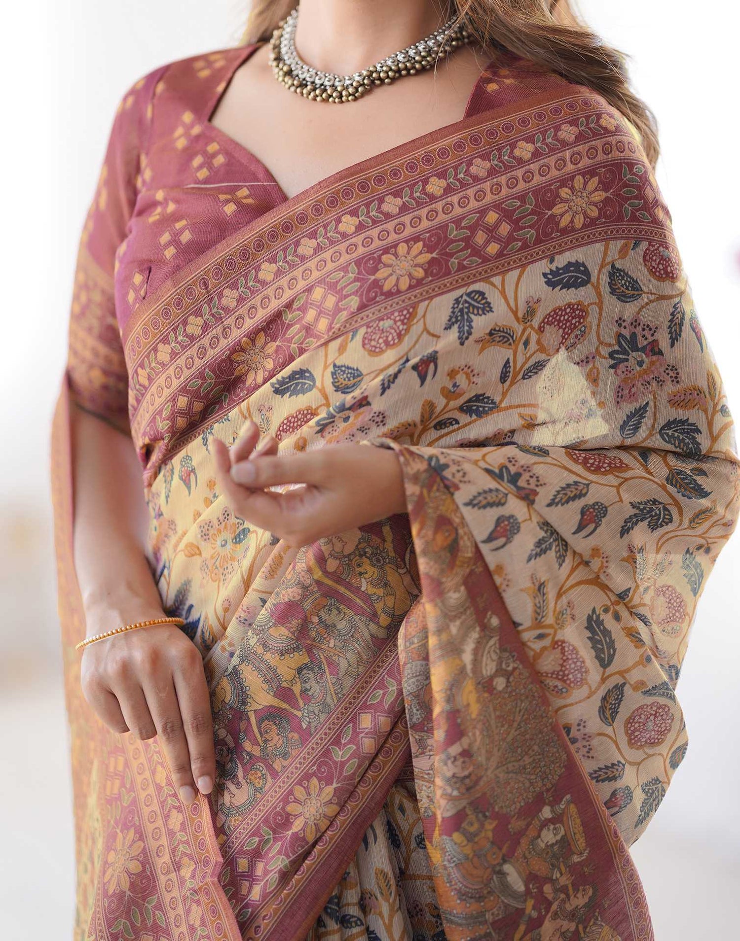 Beige Linen Floral Printed Saree