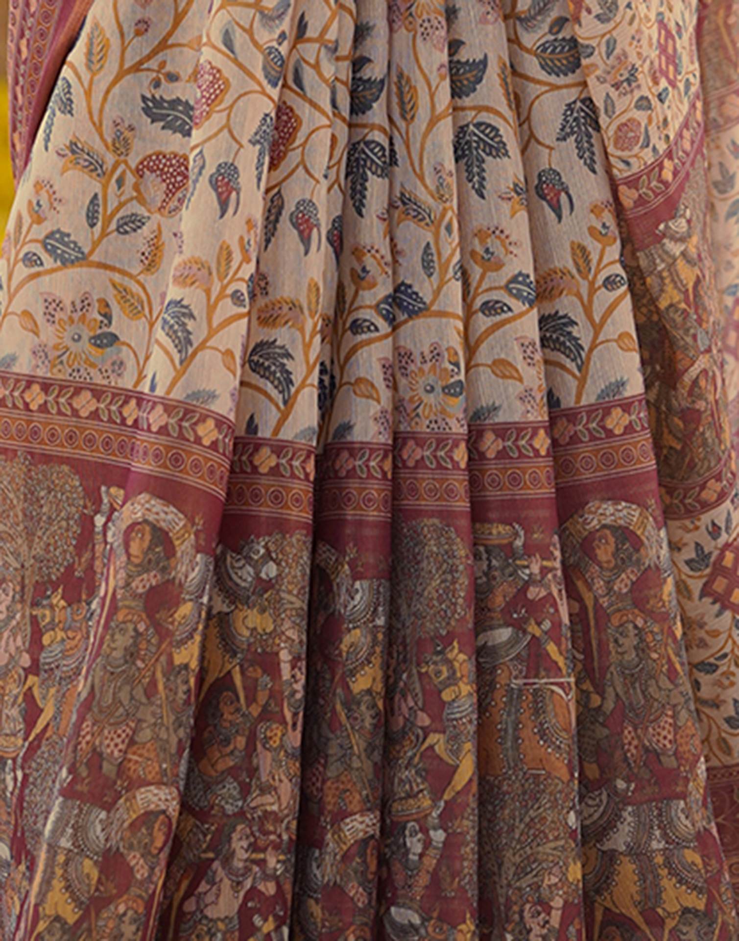 Beige Linen Floral Printed Saree