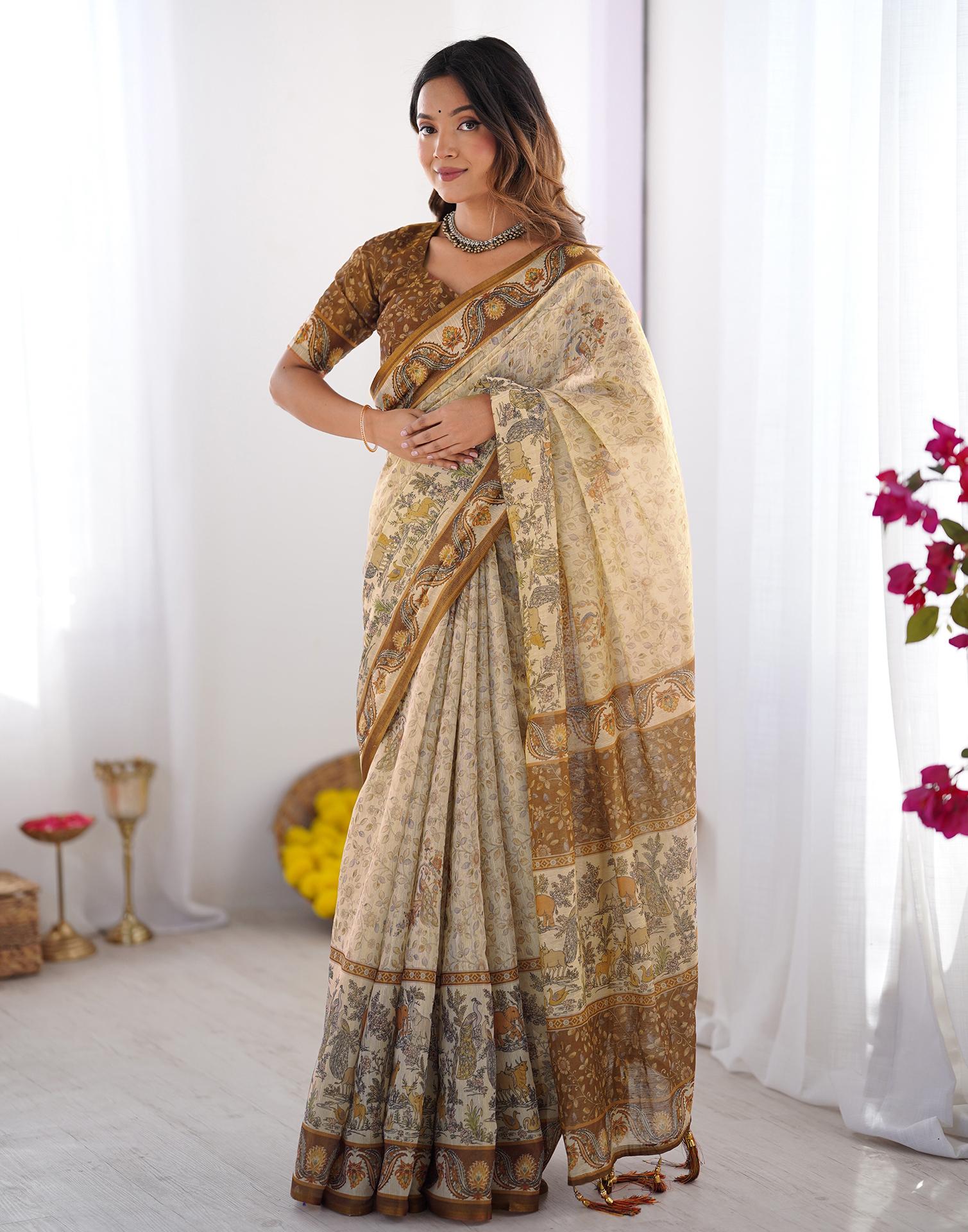 Beige Linen Floral Printed Saree