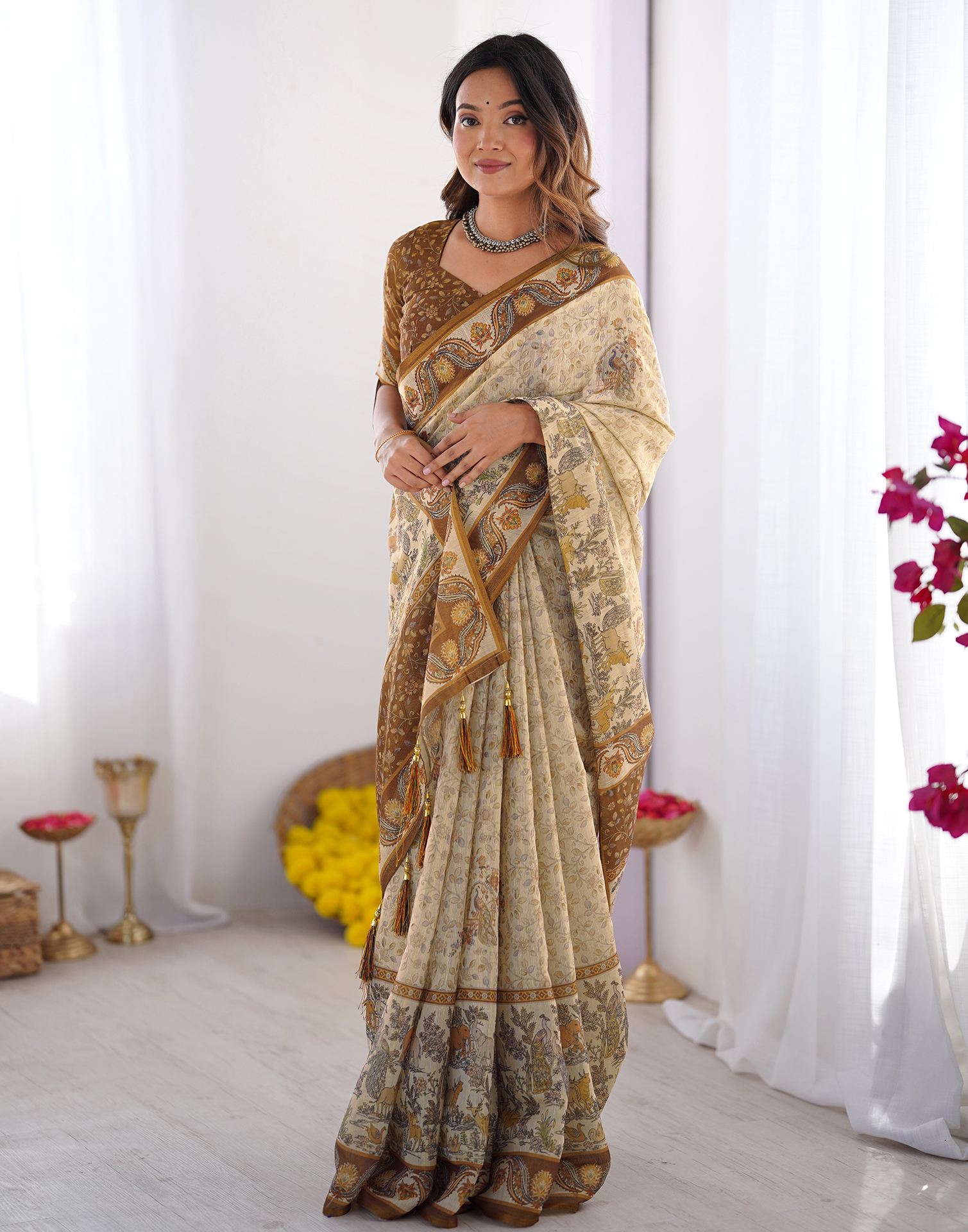 Beige Linen Floral Printed Saree