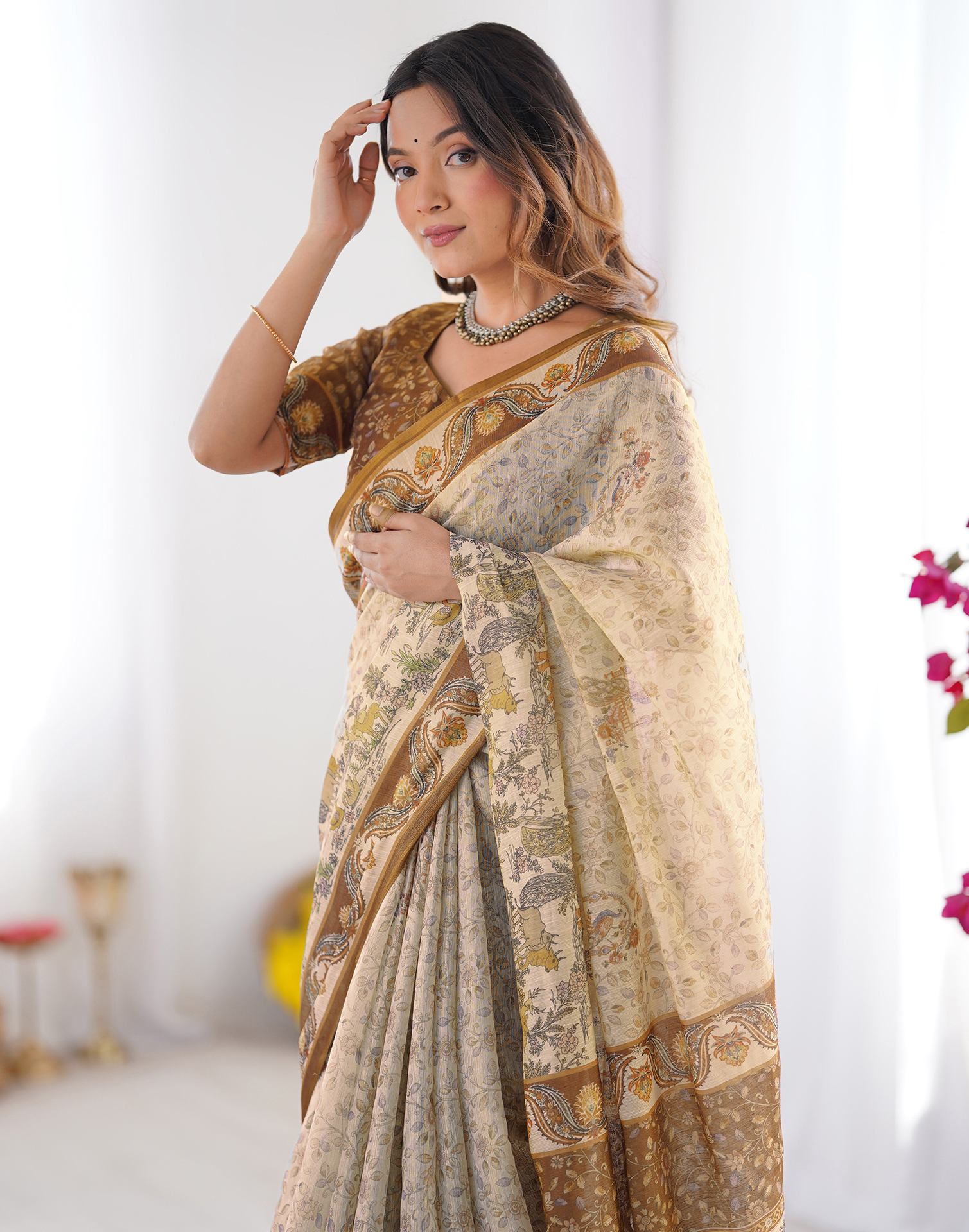 Beige Linen Floral Printed Saree
