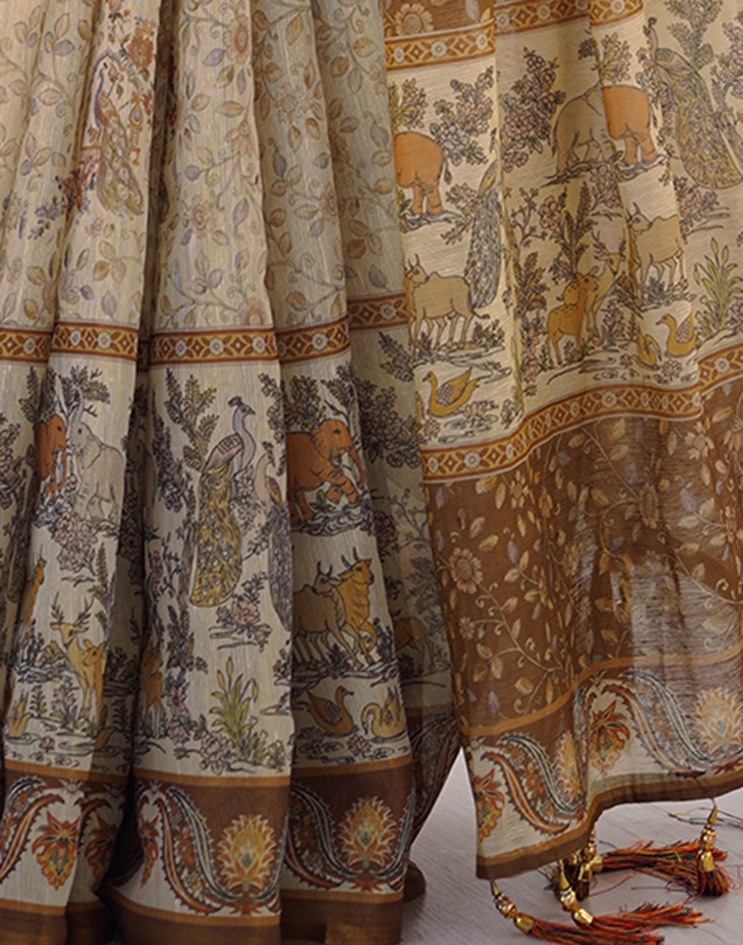 Beige Linen Floral Printed Saree