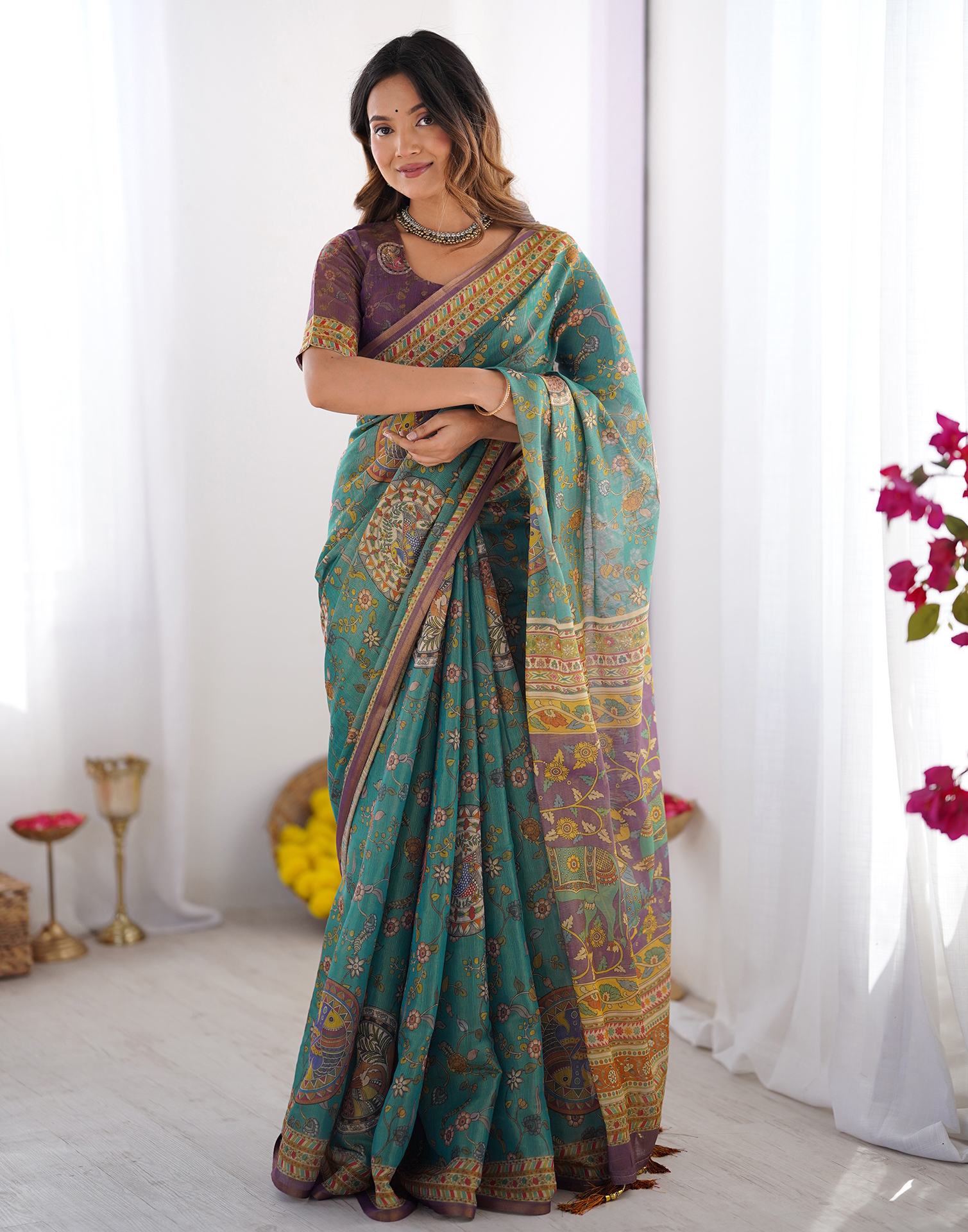 Teal Blue Linen Kalamkari Printed Saree