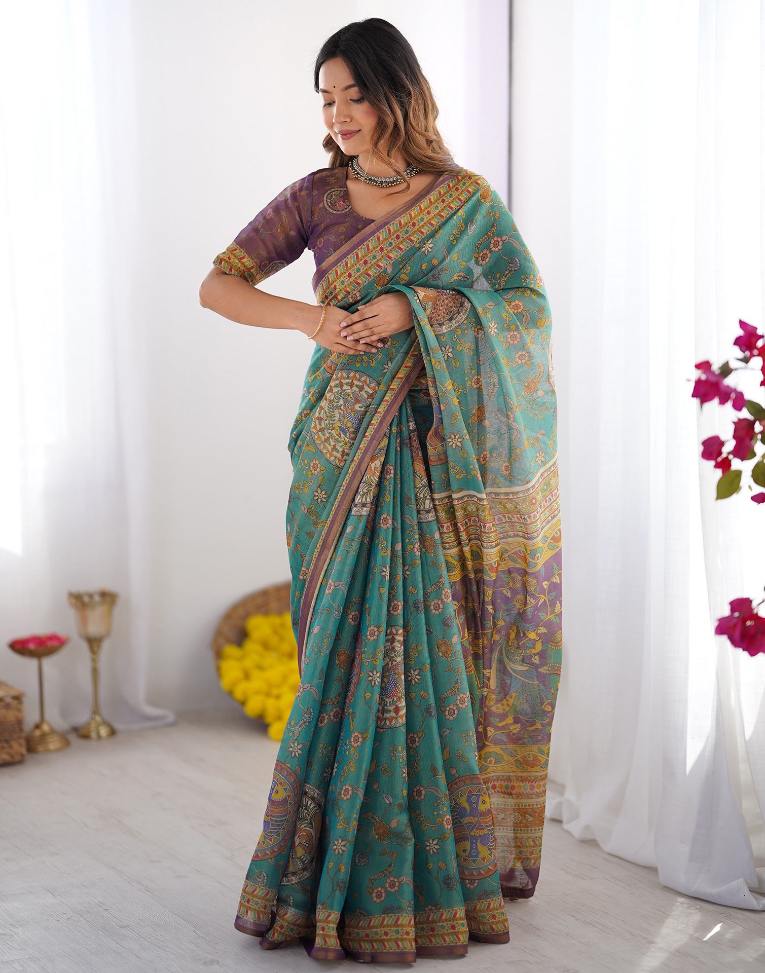 Teal Blue Linen Kalamkari Printed Saree