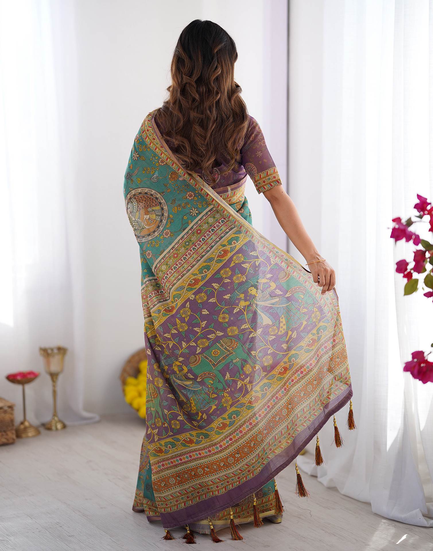 Teal Blue Linen Kalamkari Printed Saree