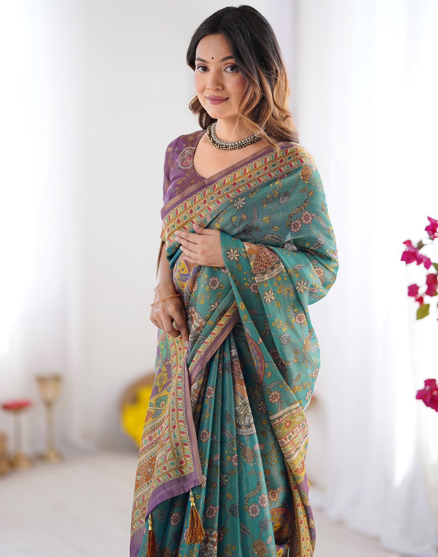 Teal Blue Linen Kalamkari Printed Saree