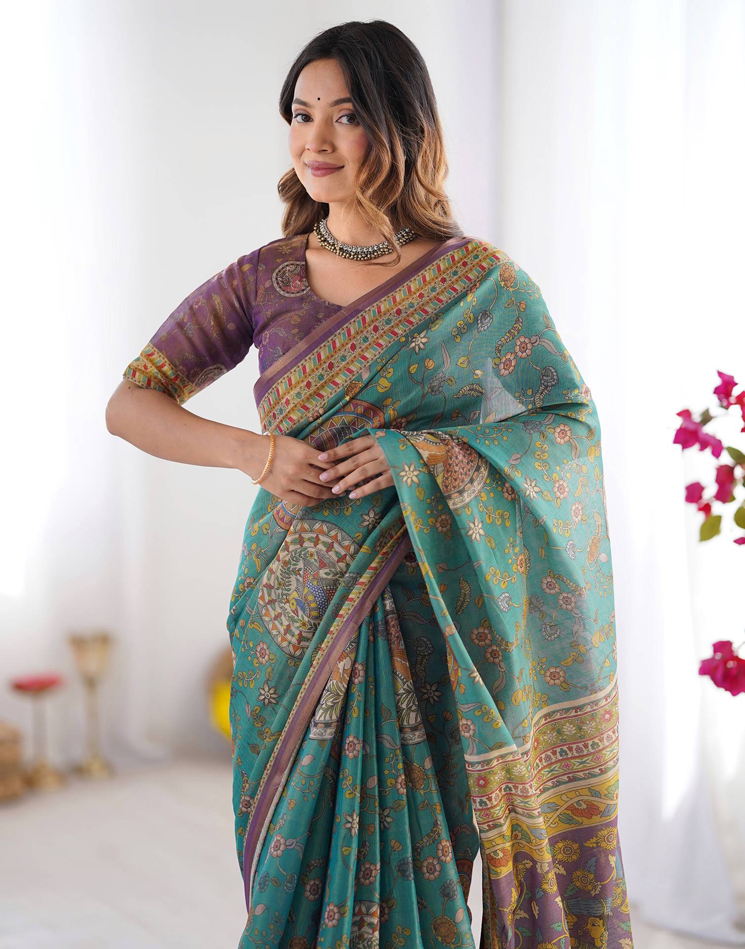Teal Blue Linen Kalamkari Printed Saree