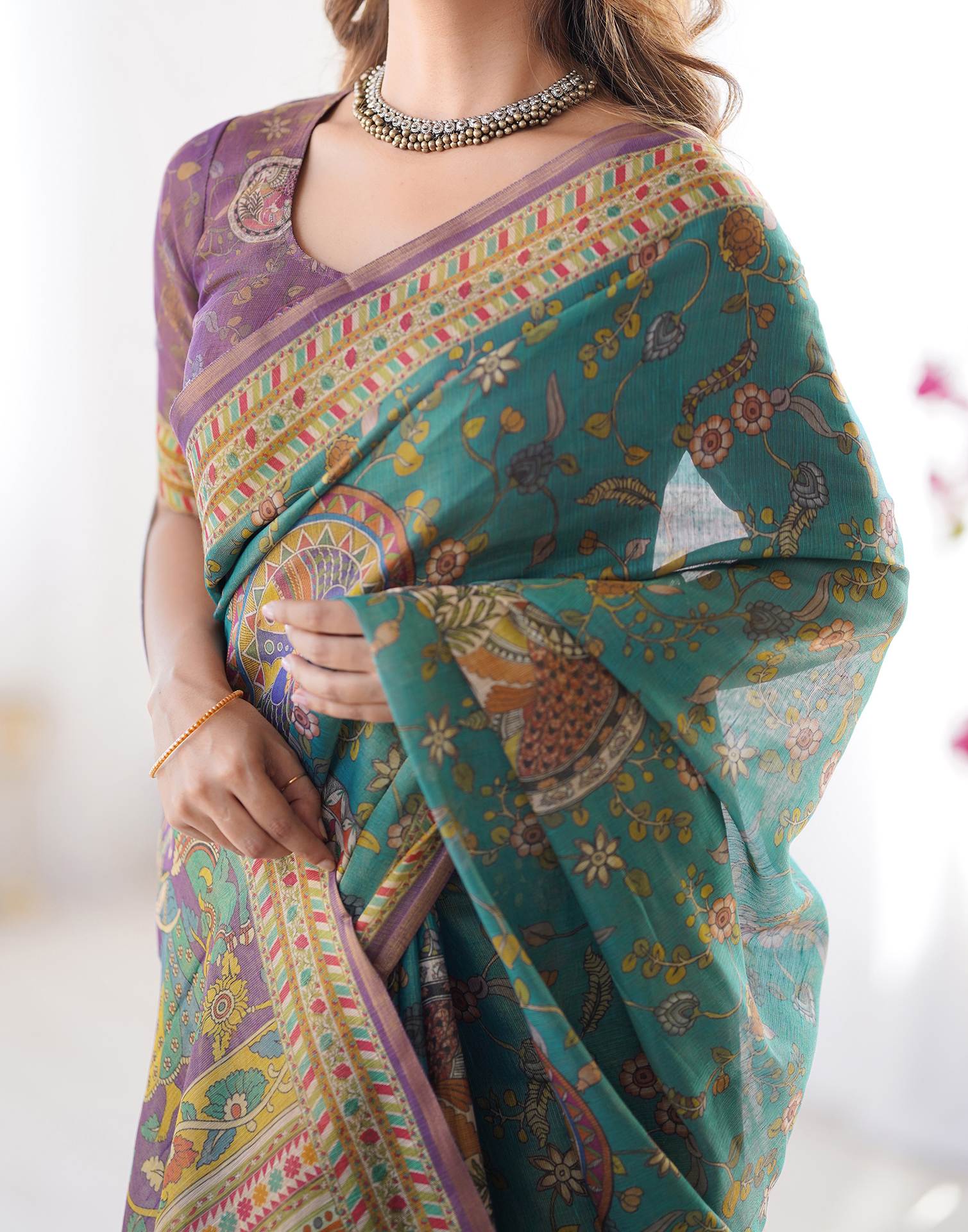 Teal Blue Linen Kalamkari Printed Saree