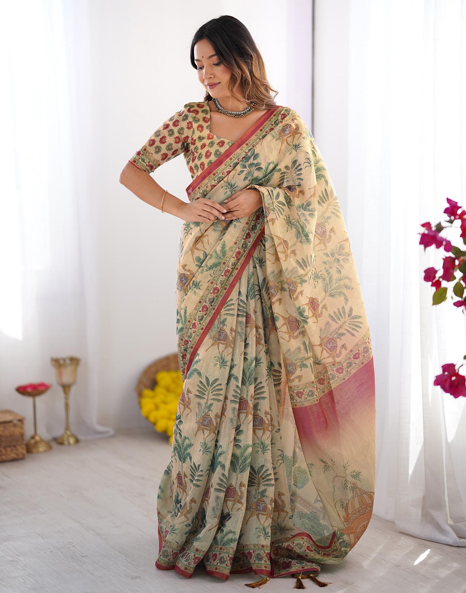 Beige Linen Printed Saree