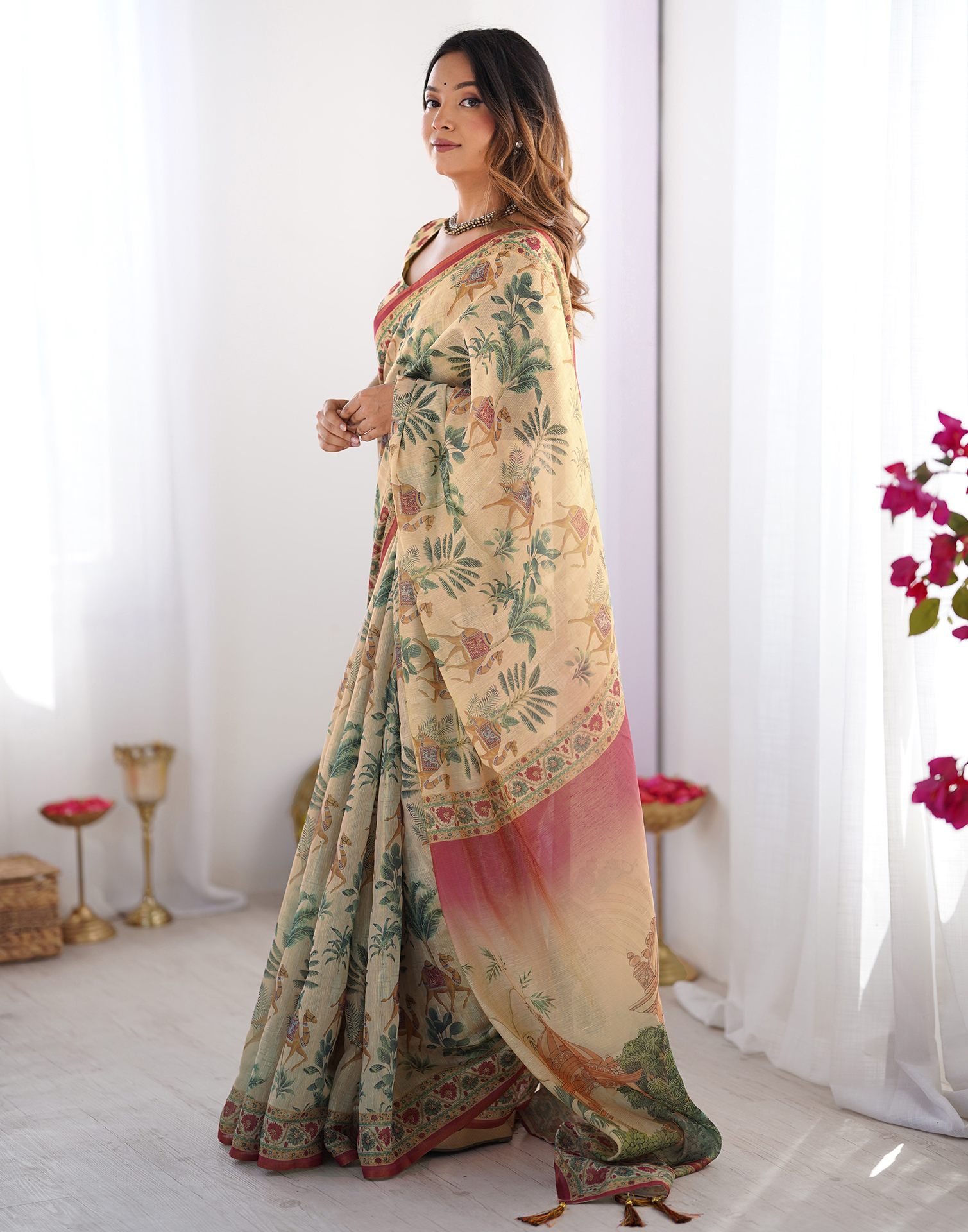 Beige Linen Printed Saree