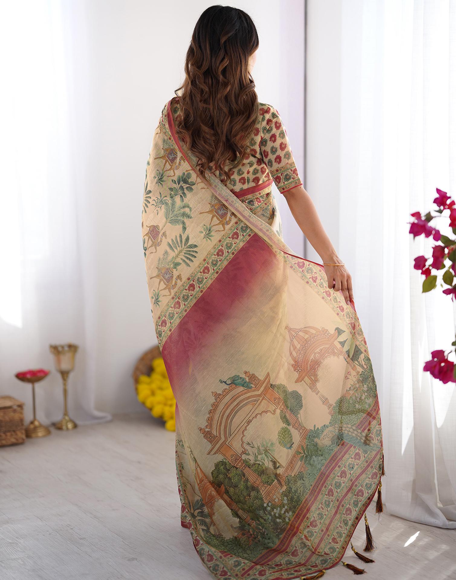 Beige Linen Printed Saree