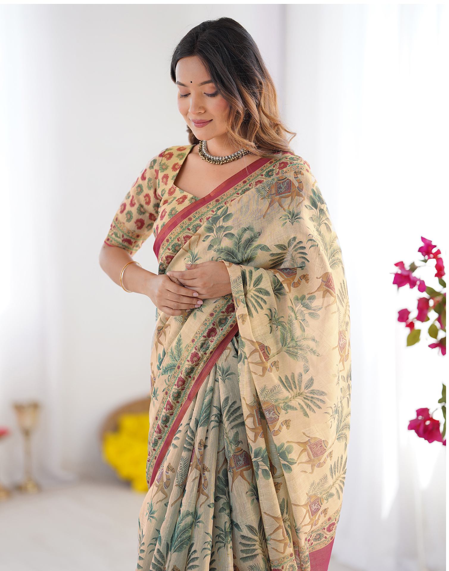 Beige Linen Printed Saree