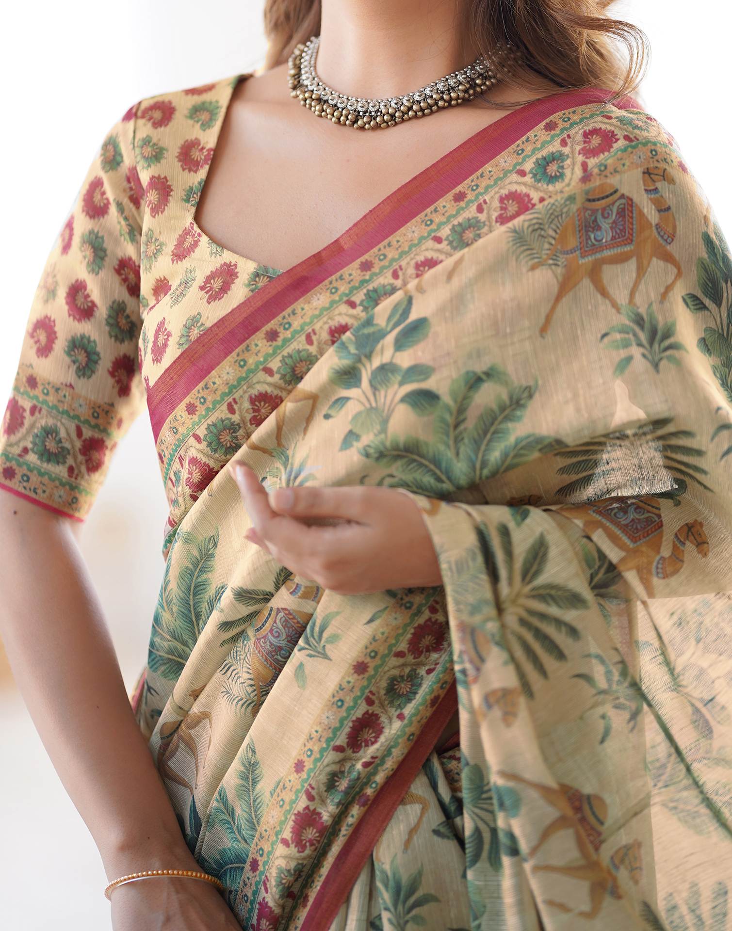 Beige Linen Printed Saree