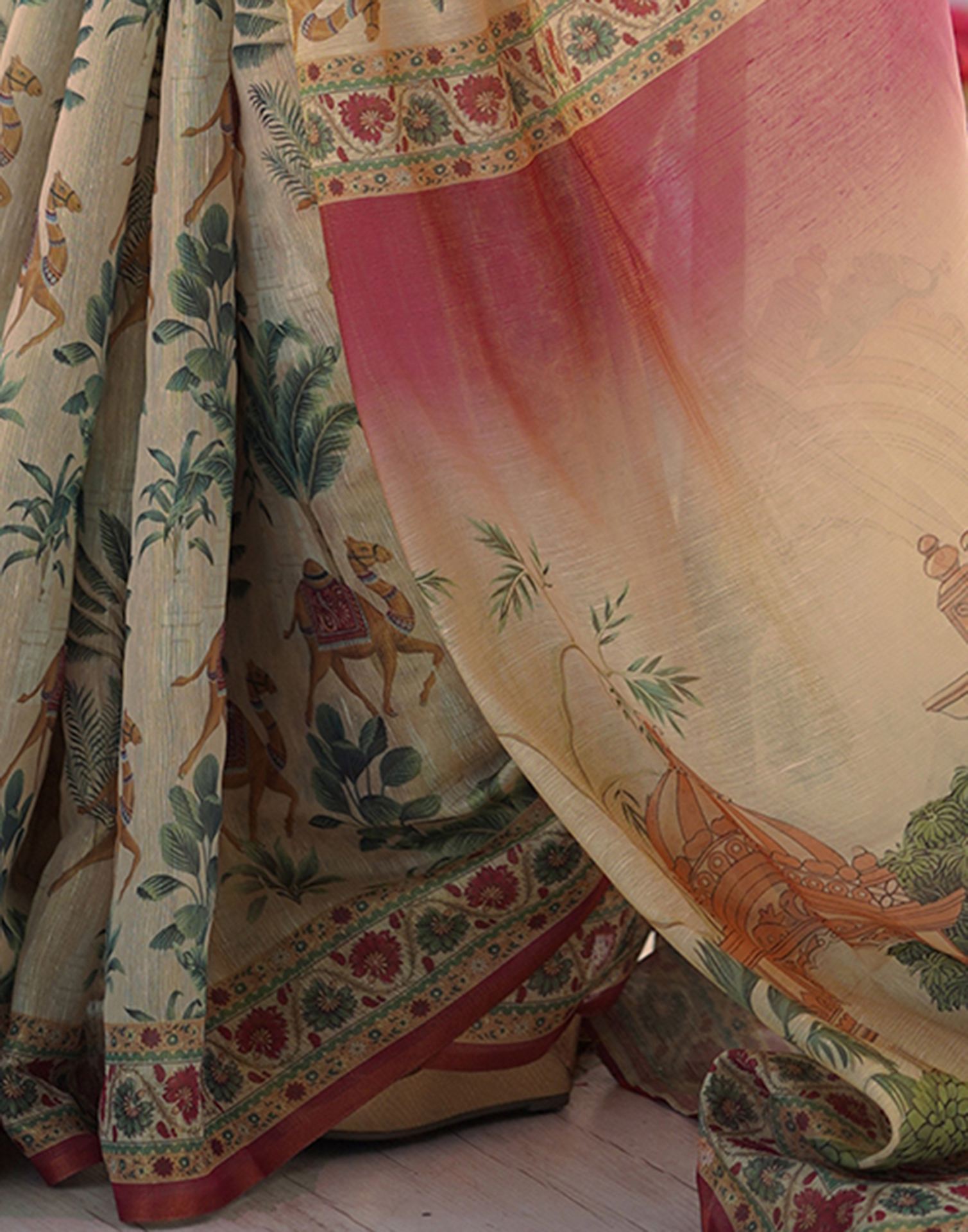 Beige Linen Printed Saree
