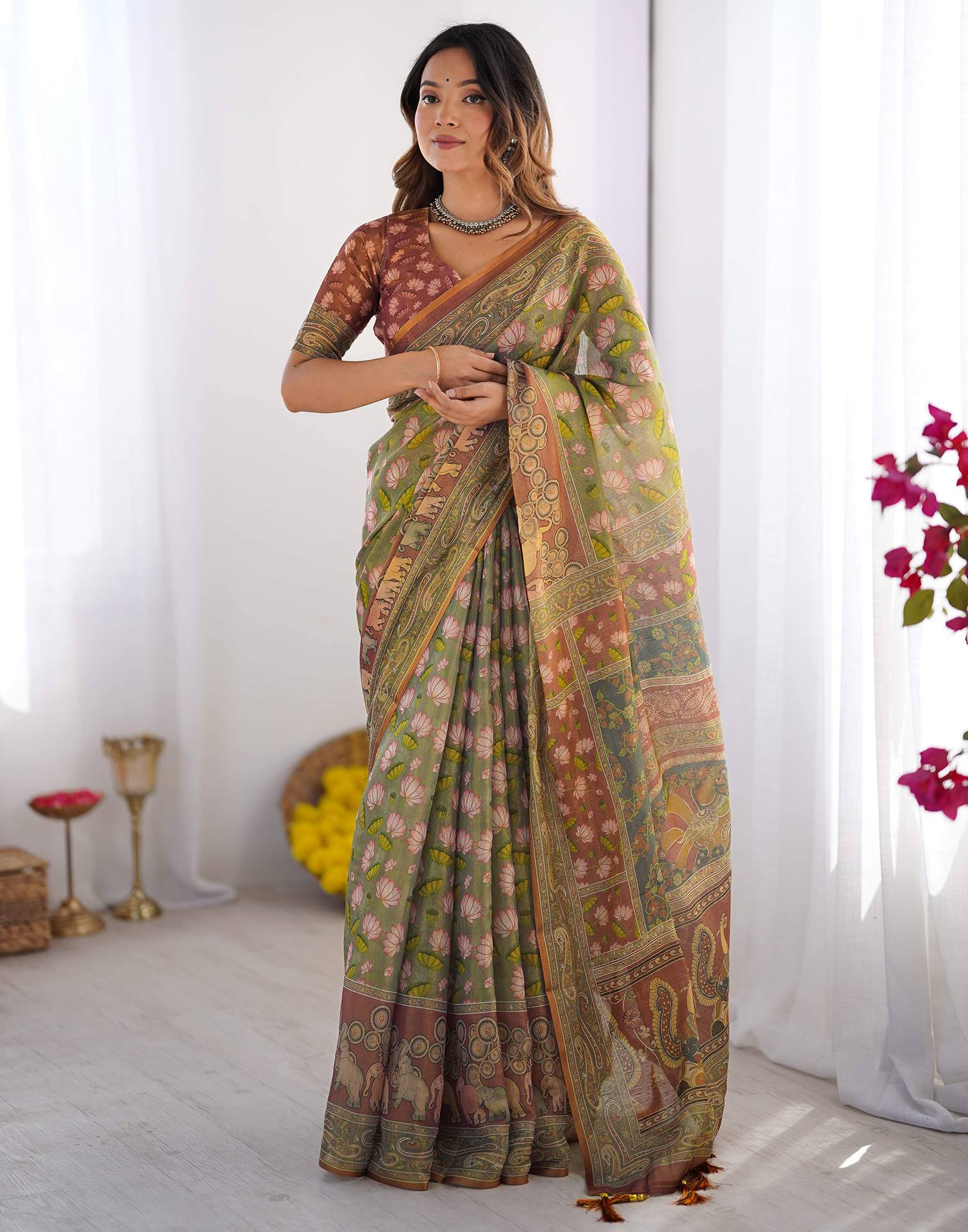 Dusty Green Linen Kalamkari Saree