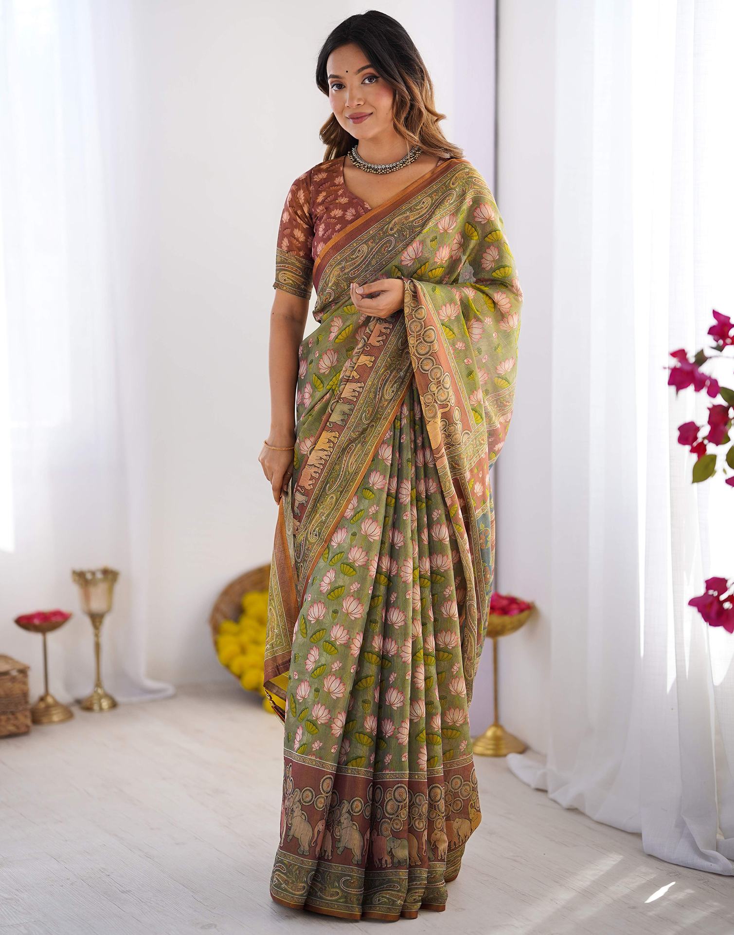 Dusty Green Linen Kalamkari Saree